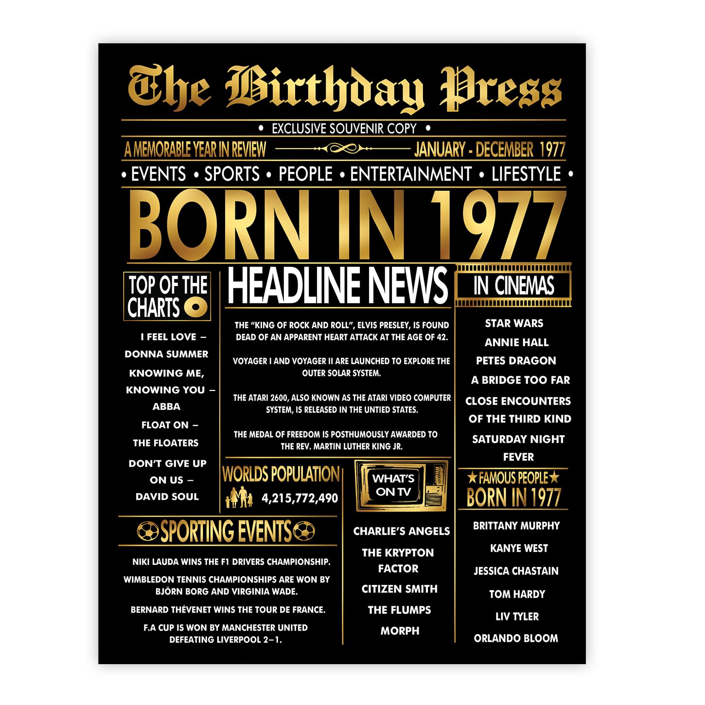 Stuff4 Men's 1977 Gold 49Th Birthday Poster Unframed - Golden Born In Newspaper - Happy 49 Birthday For Wo Retro Vintage Gifts Back In 8X10 Inch Bday Party Decor Decoration