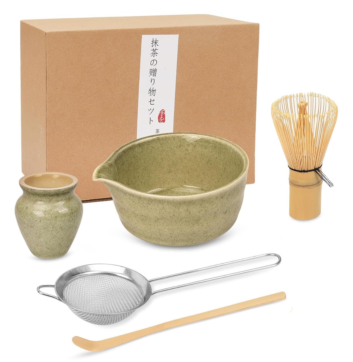 Service à thé matcha cérémoniel avec bol en céramique et tamis inox