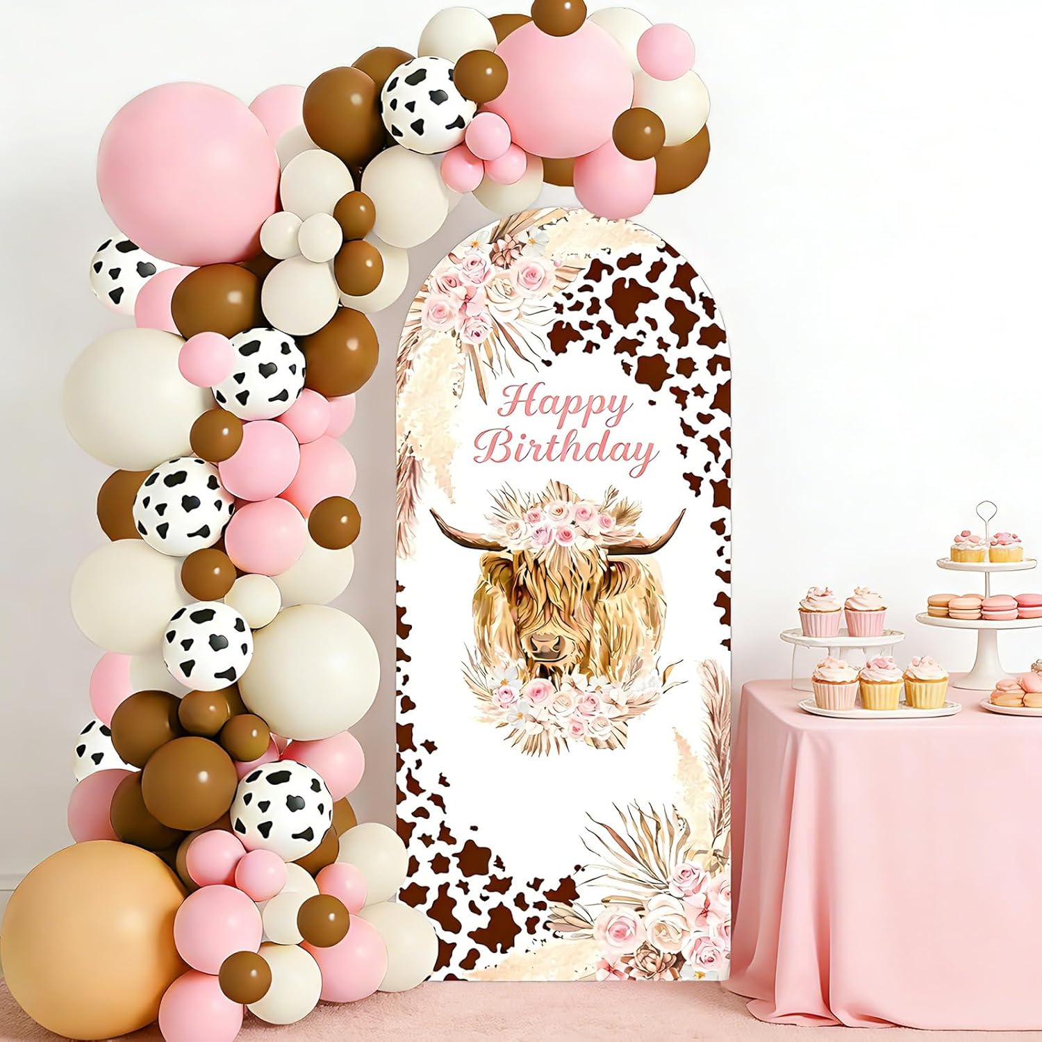 Highland Cow Baby Shower Decorations Arch Backdrop Covers and Balloon Garland Arch Kit 6ft Brown Floral Cow Print Cattle Backdrop for Highland Cattle Birthday Party Baby Shower Decorations Supplies