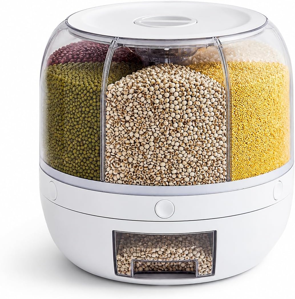 Dravizon 6-Grid Rotating Food Dispenser - Rice Bucket Storage Tank, Cereal Dispenser, Stackable Containers, One-Click Rice Picking, White