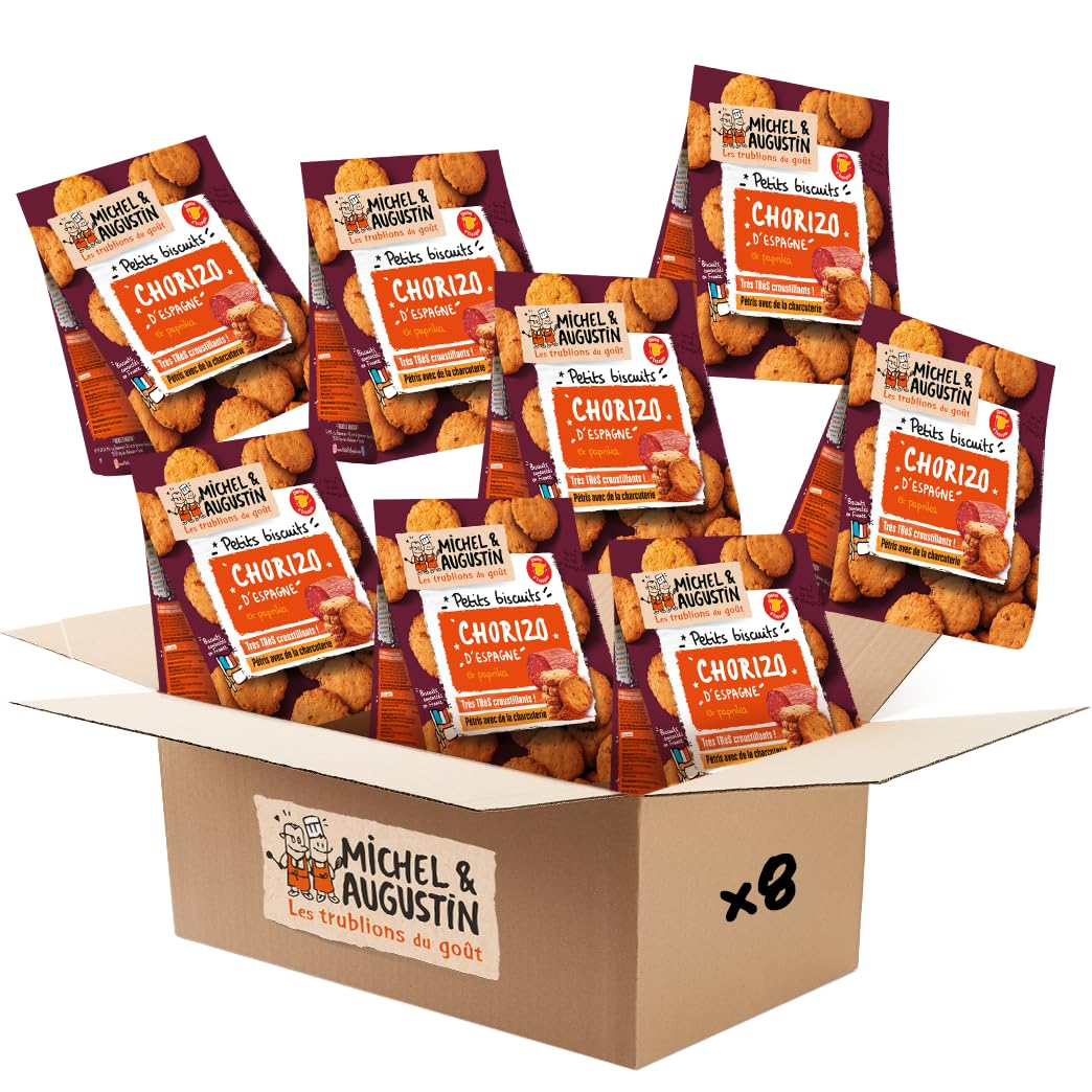 Michel & Augustin - Biscuits Apéritifs au Chorizo d'Espagne et au Paprika - Petits Biscuits Salés à la Charcuterie - 8 x 90g