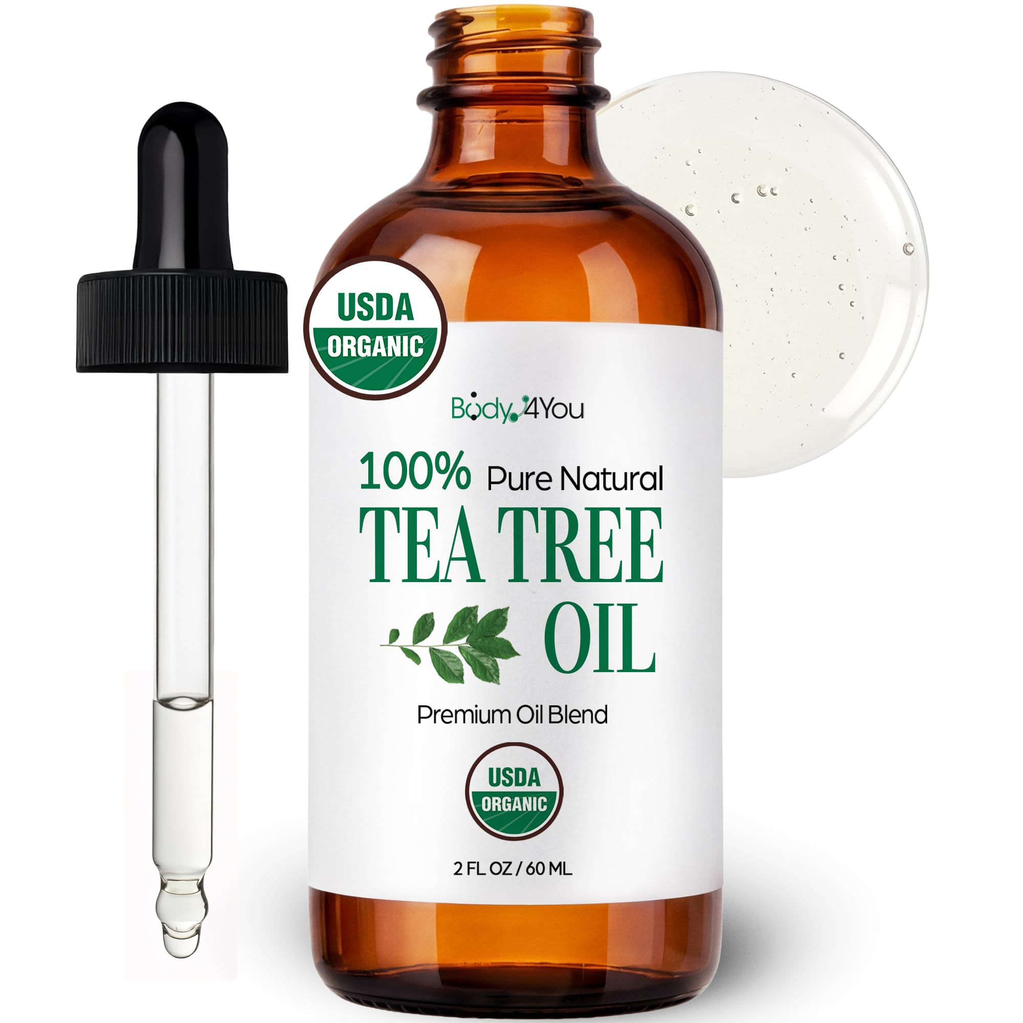 BodyJ4You Tea Tree Oil for Skin Hair - USDA Organic Essential Oils Pre-Diluted MCT - Melaleuca Face Scalp Nails Feet Toenail Cuticle - Pure Natural
