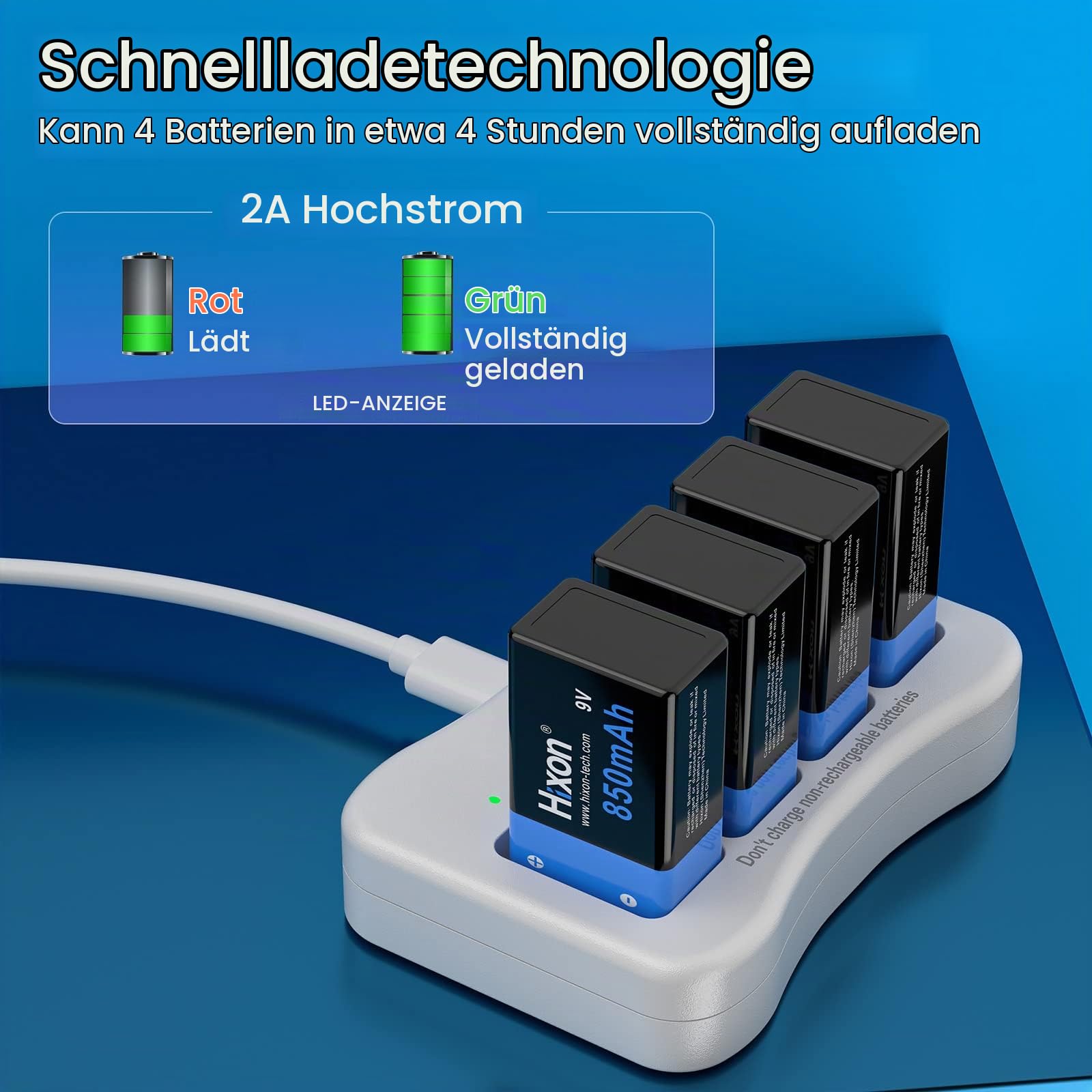 Hixon 9V Akku Wiederaufladbarer Li-Ion 850mAh und Ladegerät, Batterien Einstellen für Rauchmelder Multimeter Alarmsystem Walkie Talkie