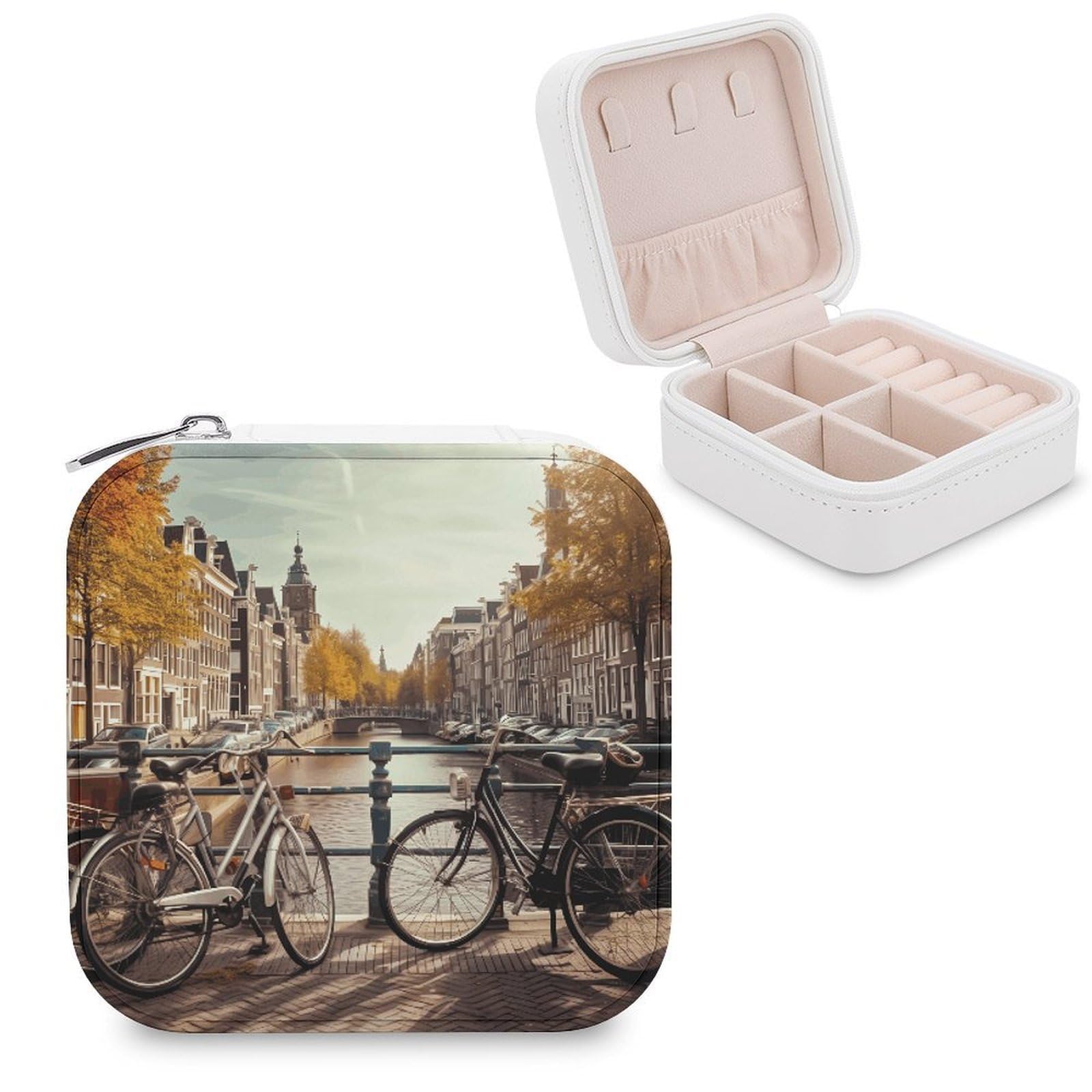 VstaDank Bicycles in Amsterdam Jewelry Box Portable Mini Travel Case Display Storage Holder Boxes PU Leather Small Jewelry Organizer for Women for Stud Earrings Rings Necklaces Bracelets