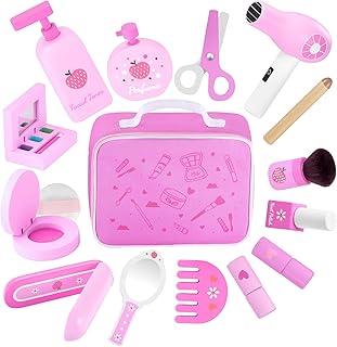 GAGAKU Wooden Makeup Toy Set Pretend Wood Beauty Hair Salon Toys for Toddler Wooden Makeup Kit for Girls with Styling Tools Christmas Birthday Gift for 3 4 5 6 7 Years Old Girls