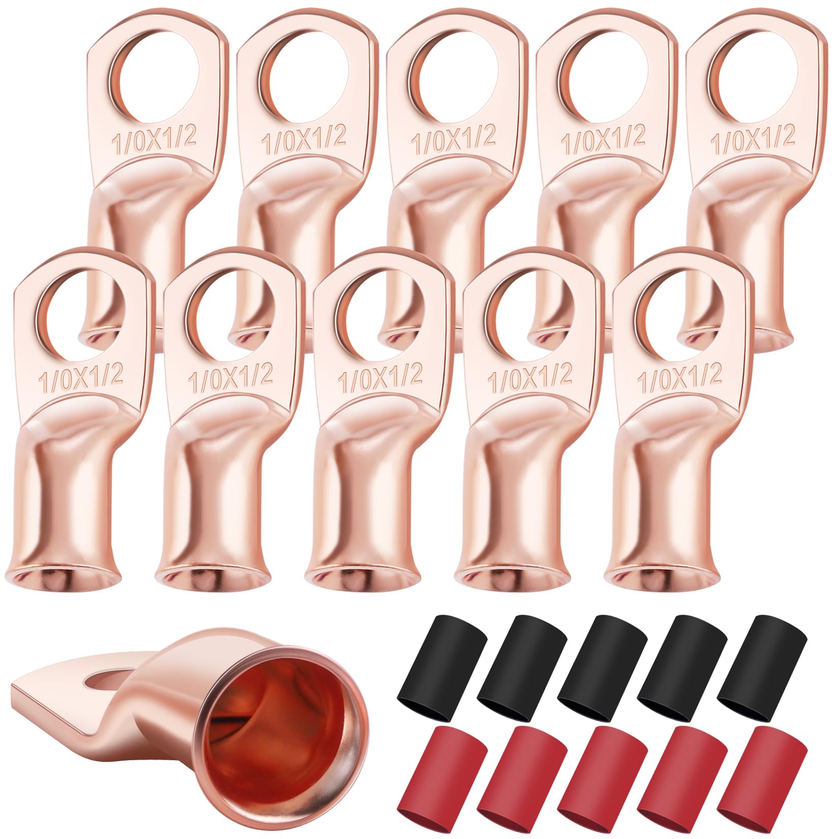 XHF 10PCS 1/0 AWG-1/2 Heavy Duty Battery Lugs with 3:1 Heat Shrink Tubing, Ring Terminals Battery Cable Ends Copper Eyelets Electrical Battery