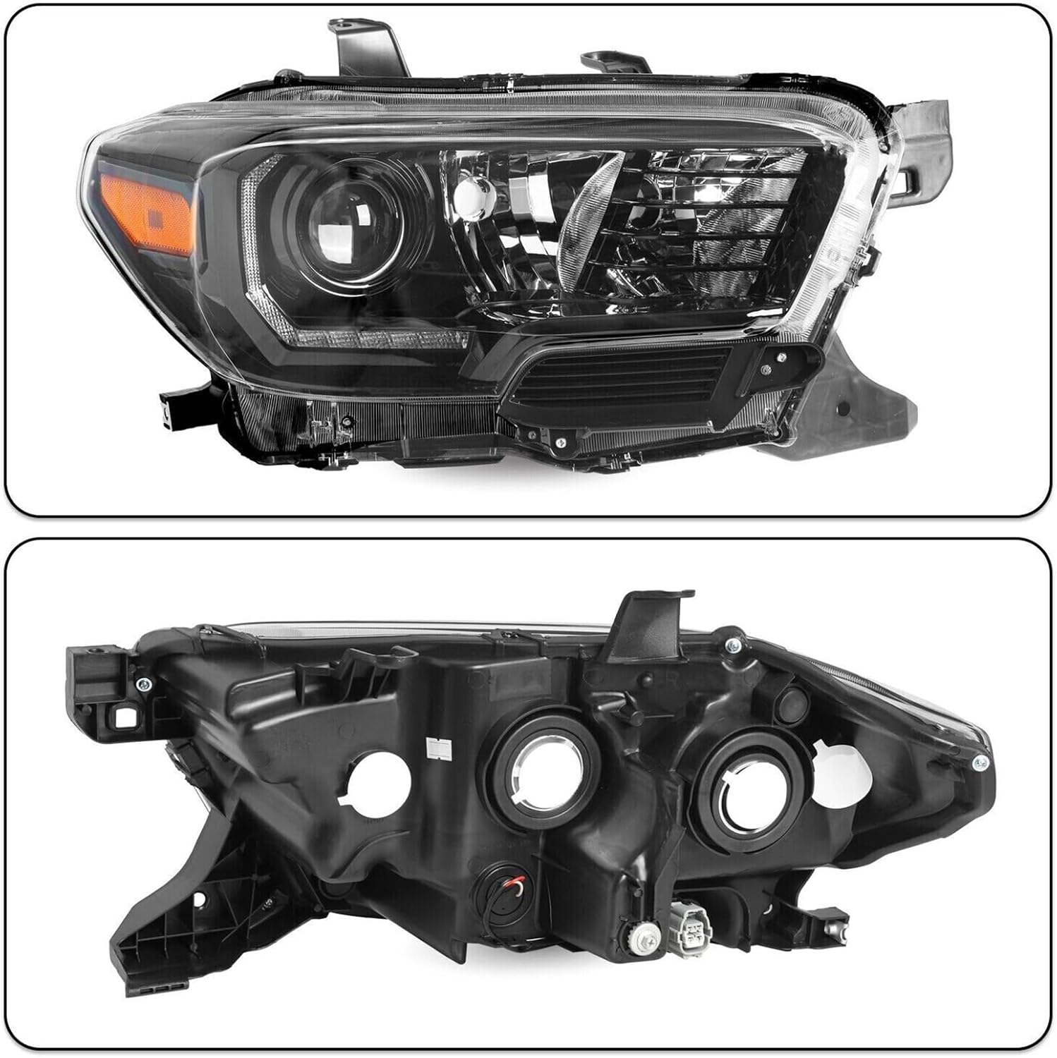 Fit For 2016-2021 Toyota Tacoma Headlights,Halogen Headlamp with LED DRL Black Housing Amber Reflector Replacement Driver Passenger Side