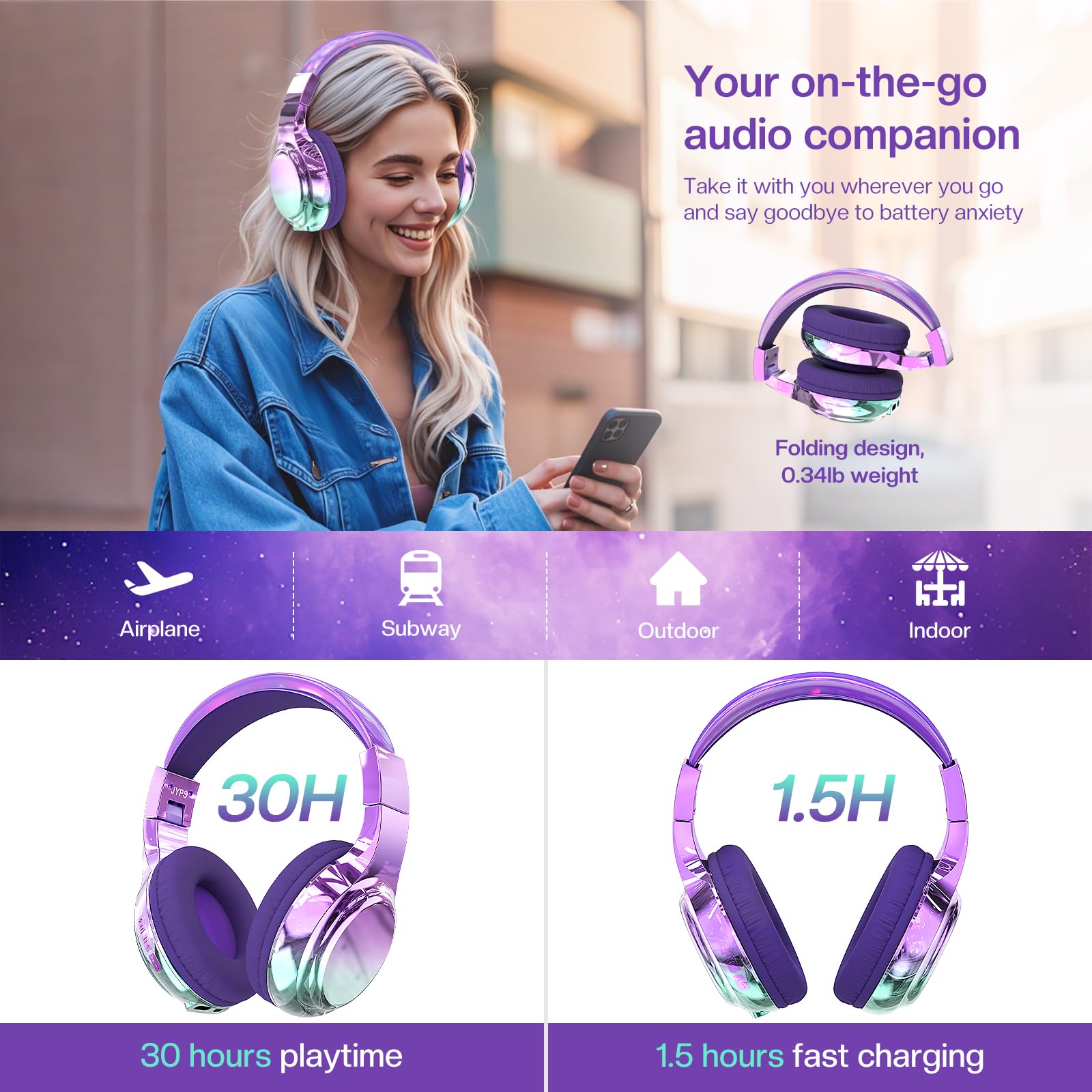 JYPS Bezprzewodowe słuchawki dla dzieci, metaliczne słuchawki Bluetooth dla dzieci, z mikrofonem, bezprzewodowe i przewodowe słuchawki nauszne dla nastolatków, maluchów, do iPada/tabletu Fire / szkoły