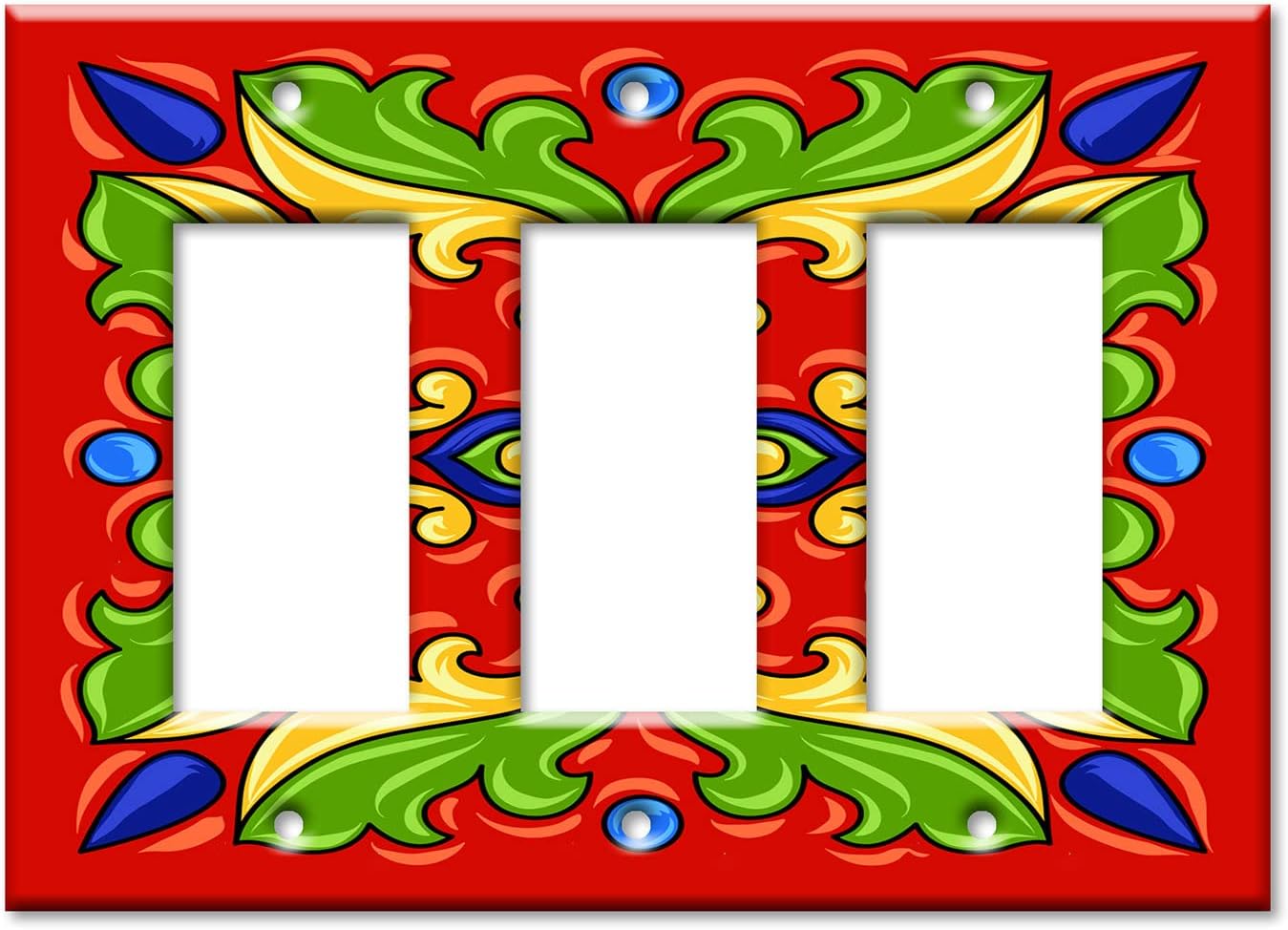 Art Plates - Decorative Light Switch Plate Cover Plate - Decorative Metal Wall Plate - 3 Gang Decora - Red - Green Mexican Talavera Tile (PRINTED IMAGE) - (Made in USA)