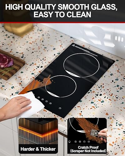 Miniatura 7 de Placa eléctrica de 2 quemadores, estufa de cerámica integrada de 12 pulgadas, estufa eléctrica de 120 V con bloqueo para niños, temporizador,