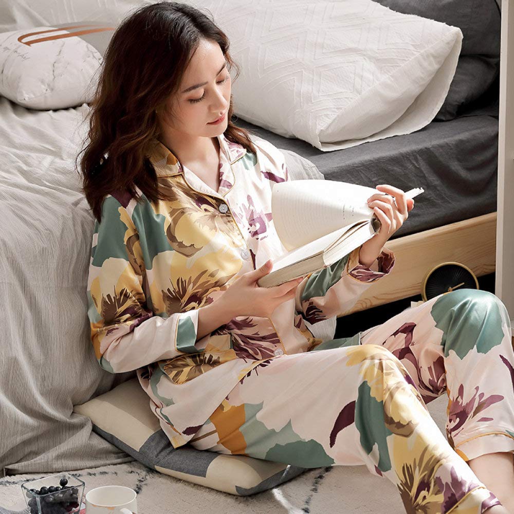 Pijama De Satén para Mujer,Primavera Otoño Mujer Pijama De Seda De Manga Larga con Bolsillos 2 Piezas Ropa De Dormir Suave Elegante Pijama con Botones Estampado De Flores