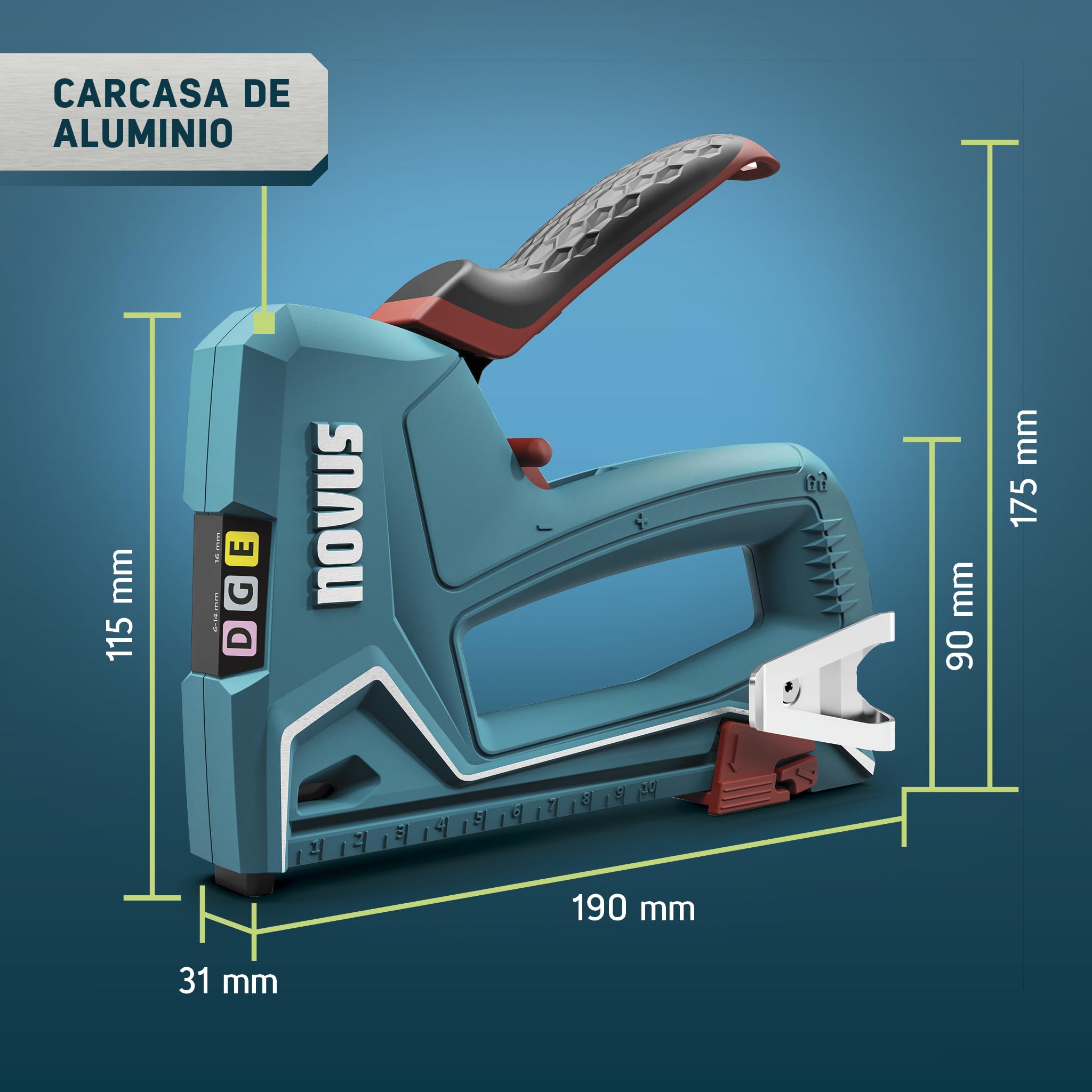 NOVUS TOOLS Grapadora manual J-51 con 1200 grapas, grapadora profesional para madera con carcasa de aluminio, ajuste de fuerza de impacto, tope de distancia para grapas de alambre plano de 6 – 14 mm
