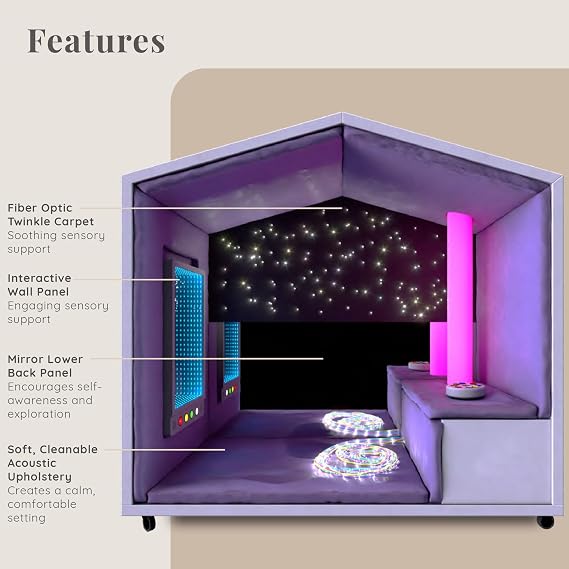 NOOK Interactive Sensory Pod for Active Stimulation with Bench, LED Light Tube, Wireless Controller, Interactive Wall Panel, UV Fiber Optic Strands, Mirror Panel, Seats 1-2, Office, Home, Classroom