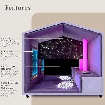 NOOK Interactive Sensory Pod for Active Stimulation with Bench, LED Light Tube, Wireless Controller, Interactive Wall Panel, UV Fiber Optic Strands, Mirror Panel, Seats 1-2, Office, Home, Classroom