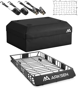 ARKSEN 64" x 34" x 6" Roof Rack Cargo Basket with Extension, 150 LBS Universal Heavy Duty Steel Rooftop Carrier with Waterproof Bag, Cargo Net & Tie Down Straps for SUV, Truck, RV, Pickup
