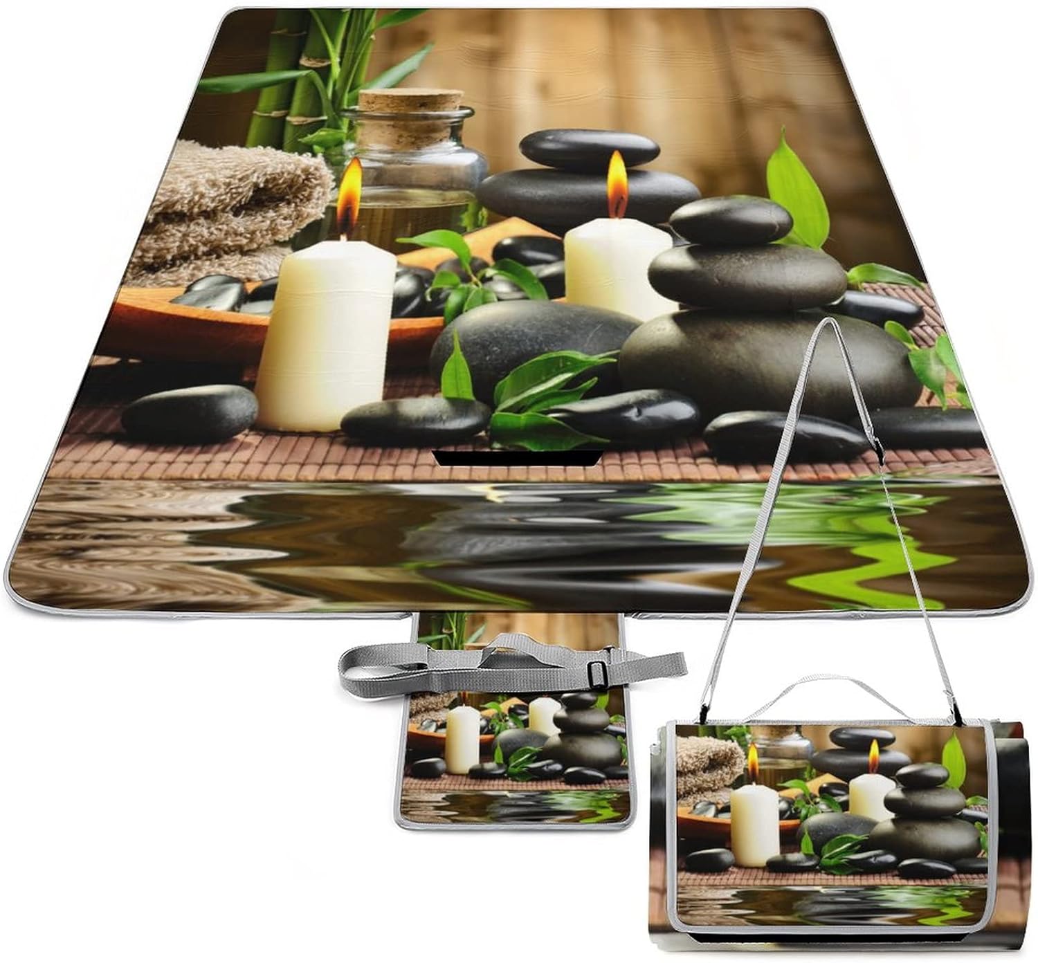 Zen Spa Japanese Garden Theme PortableAnd Extra Large Picnic & Outdoor Blanket Black Stone White Flower Green Bamboo Print for Portable Outdoor Blanket for Travel Camping 58.3x58.3 Inch