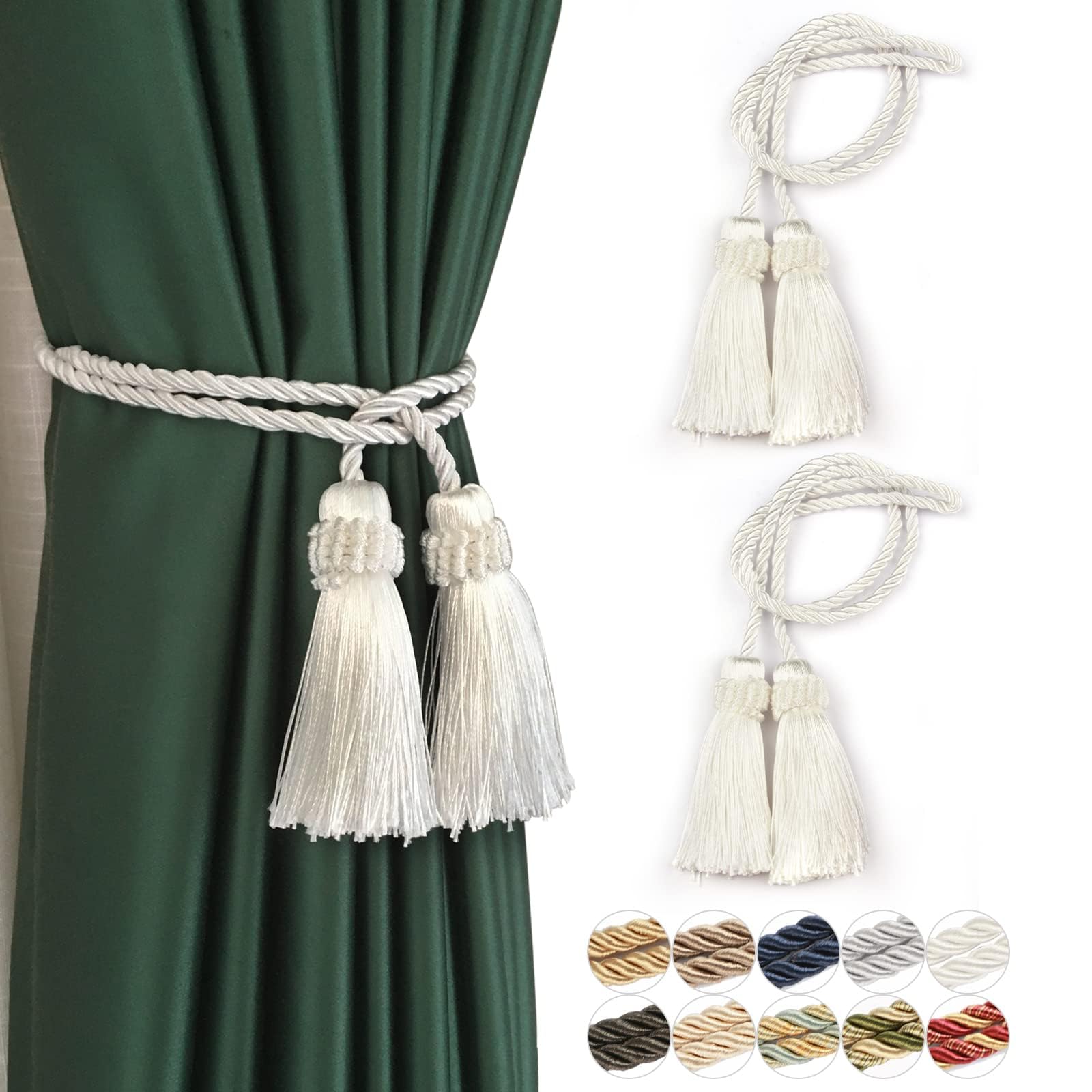 Fenghuangwu 2/4 Pack Curtain Tiebacks Handmade Decorative Curtain Holdbacks Rope with Tassel (White - 2P)