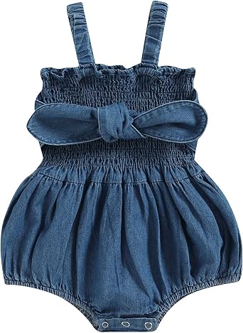 Sasaerucure Infant Toddler Baby Girl Spring Summer Outfits Sleeveless Dress Romper Denim Onesie One Piece Jumpsuit Bodysuit Bowknot Blue, 3-6 Months