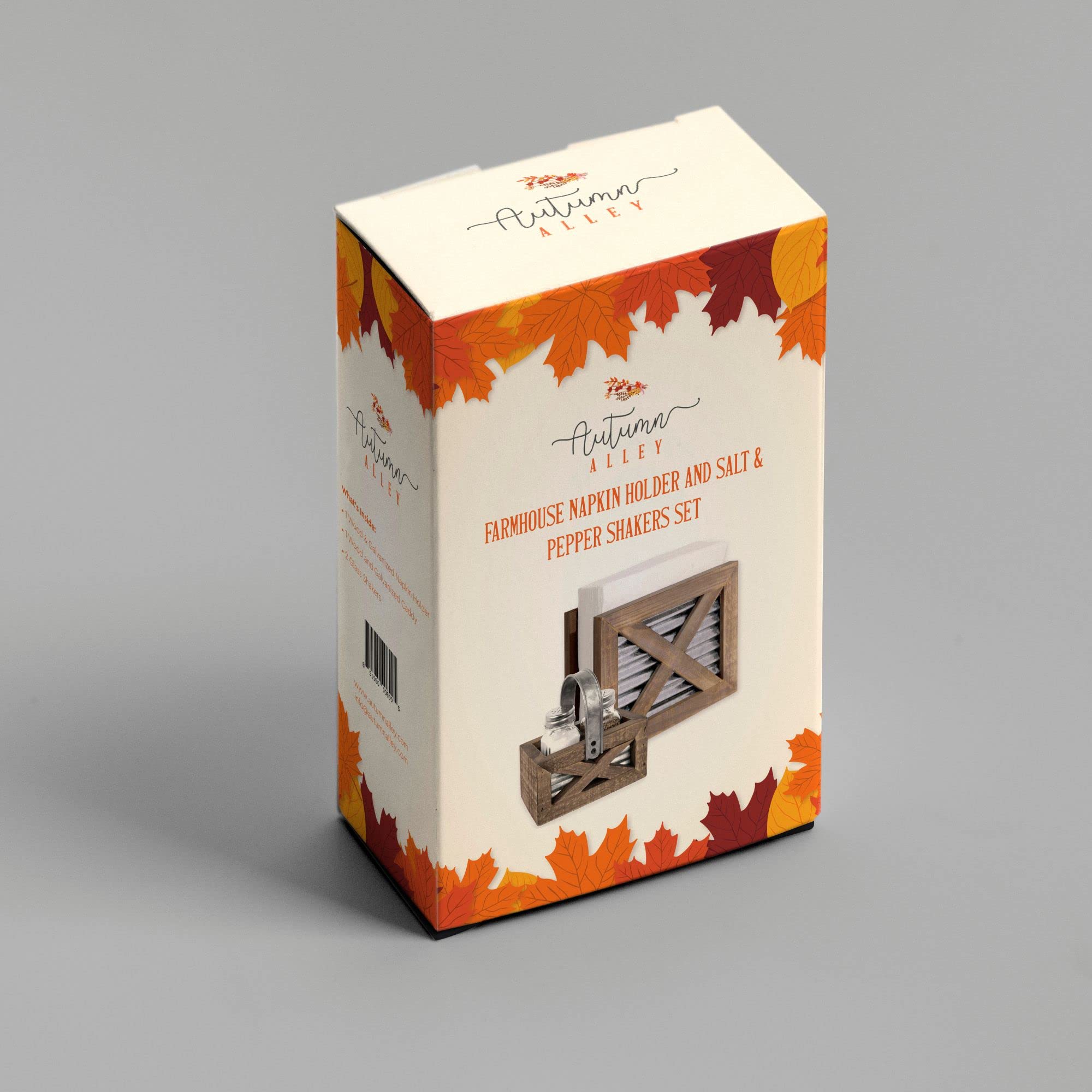 Autumn Alley Servilletero de granja y adorable juego de salero y pimentero de granja con soporte de madera, cocina occidental, metal galvanizado, servilletero rústico vertical, decoración rústica de