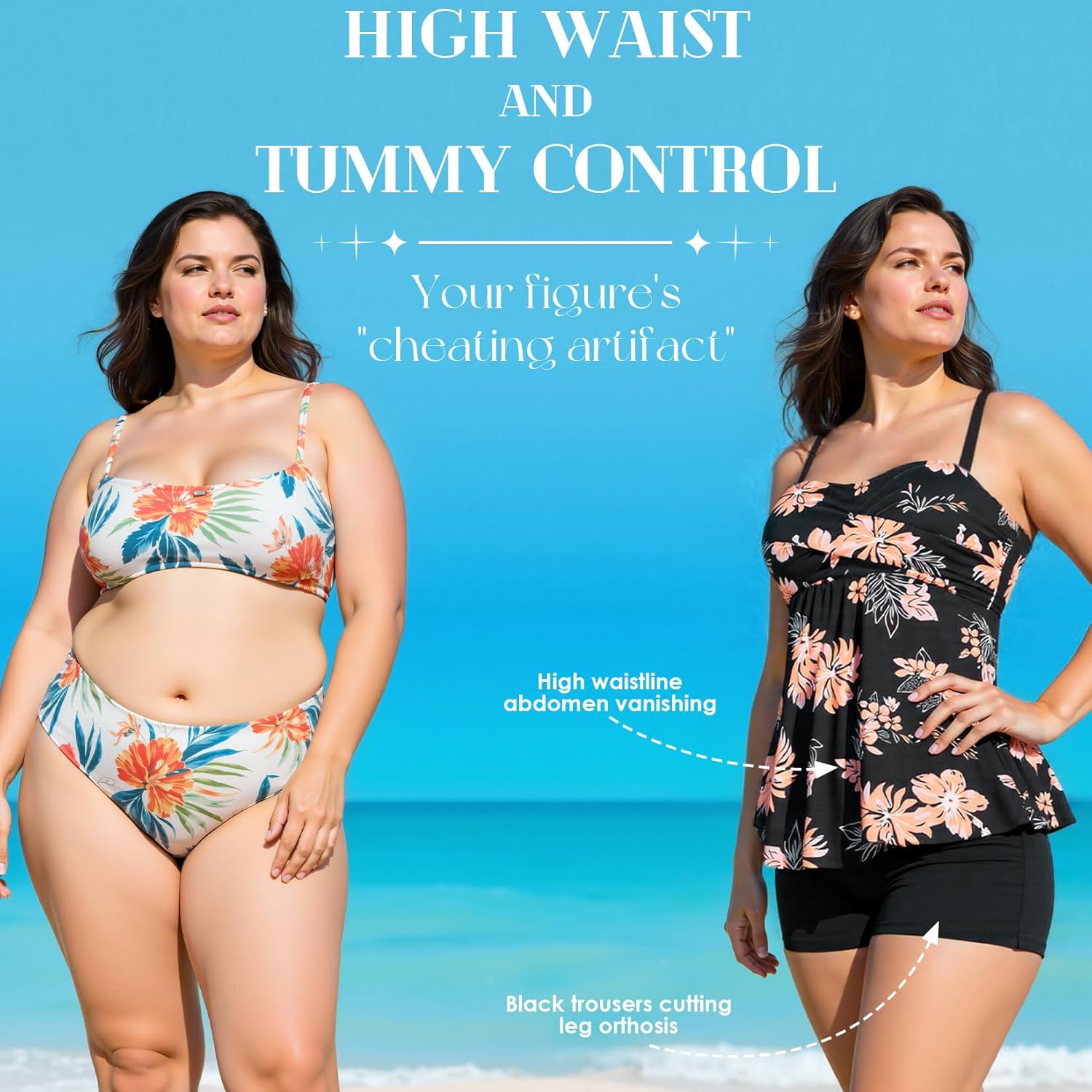 Century Star 2024 Two Piece Womens Tankini Swimsuits Modest Tankini Bathing Suit Tops with Shorts Tummy Control Swimwear Black-Red Printing Numeric - Image 3