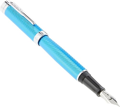 Conklin Herringbone Signature - Pluma estilográfica JoWo extrafina, azul con borde cromado, elegante diseño grabado, recargable para escritura de