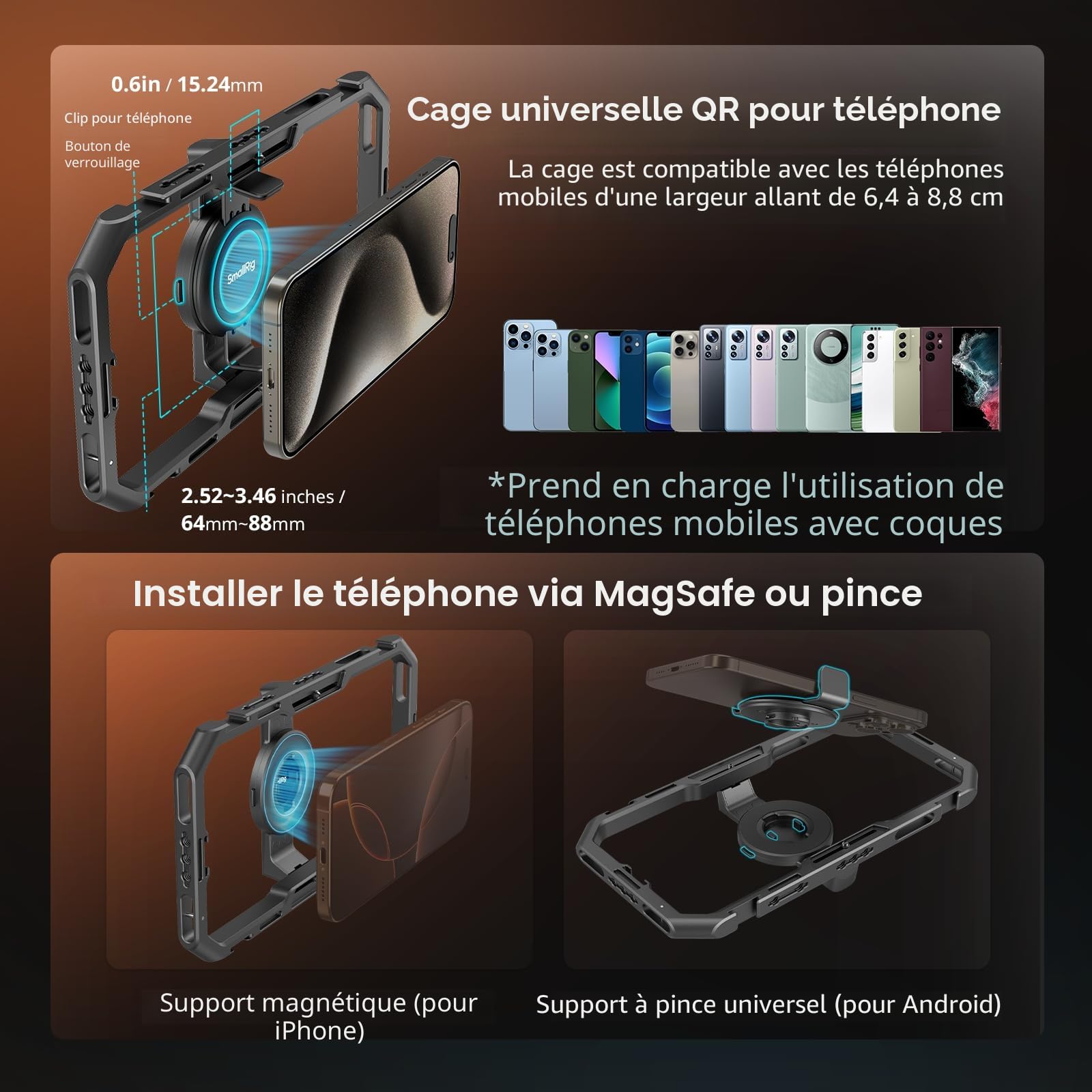 SMALLRIG Kit de Montage Vidéo Universel Tout-en-Un pour Téléphone avec Éclairage LED/Microphone/Trépied/Deux Poignées/Support de Batterie Externe, pour Vlogging et Diffusion en Direct - 4704