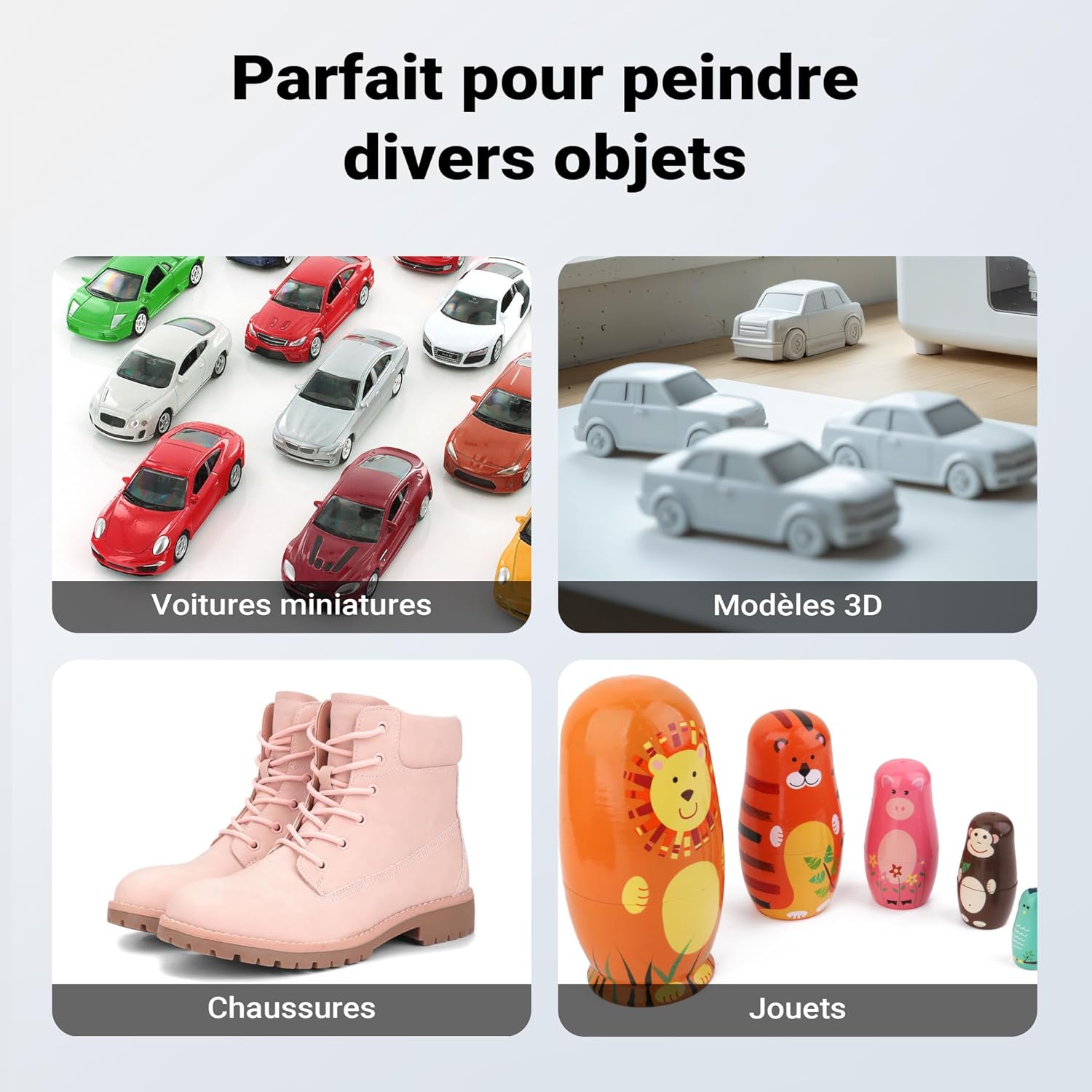 Various items including miniature cars, 3D models, shoes, and toys, indicating the versatility of the airbrush system for different projects.