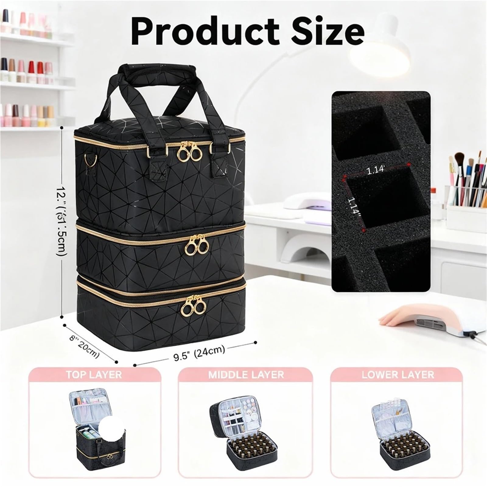 Nagellack Aufbewahrung Tasche Abnehmbare dreilagige PU-Nagellack-Aufbewahrungstasche, große Kapazität for ätherische Öle, bietet Platz for 60 Flaschen(Black)