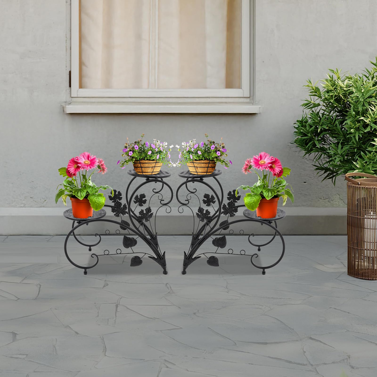 2-poziomowy stojak na kwiaty w stylu vintage z żeliwa | Metalowy stojak na doniczki 41 cm stojak na rośliny dekoracyjne liście pnącza strefy wejściowe werandy ogrody