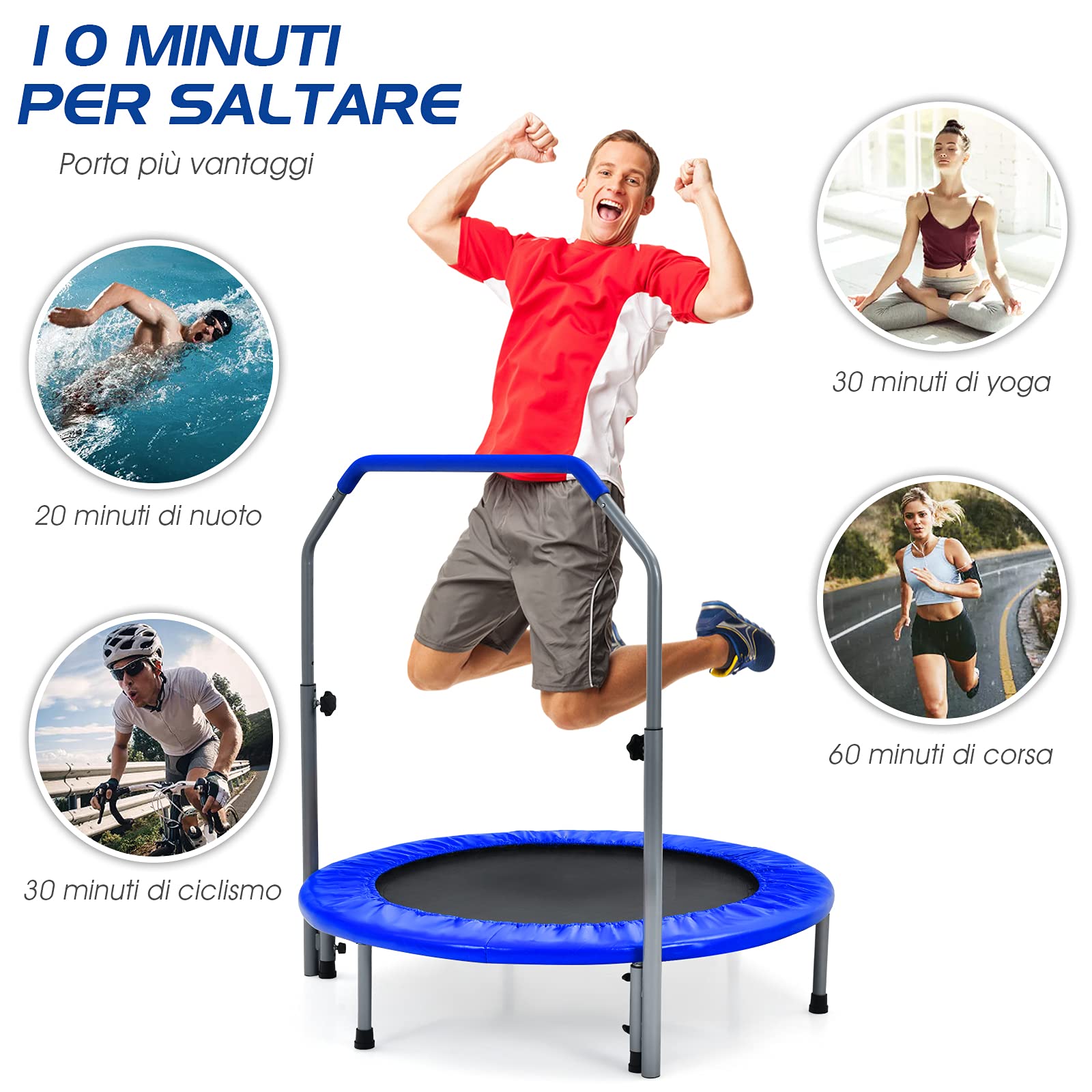 COSTWAY Trampolino per Bambini e Adulti, Tappeto Elastico Pieghevole e Regolabile in 4 Altezze con Maniglia, Capacità di Carico 150 kg