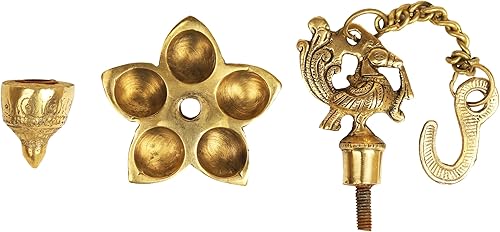 Miniatura 3 de Lámpara de aceite de metal para colgar en la pared, diseño de pavo real, Diya Deepak Panchmukhi, chapado en oro blanco oxidado, artículo tradicional