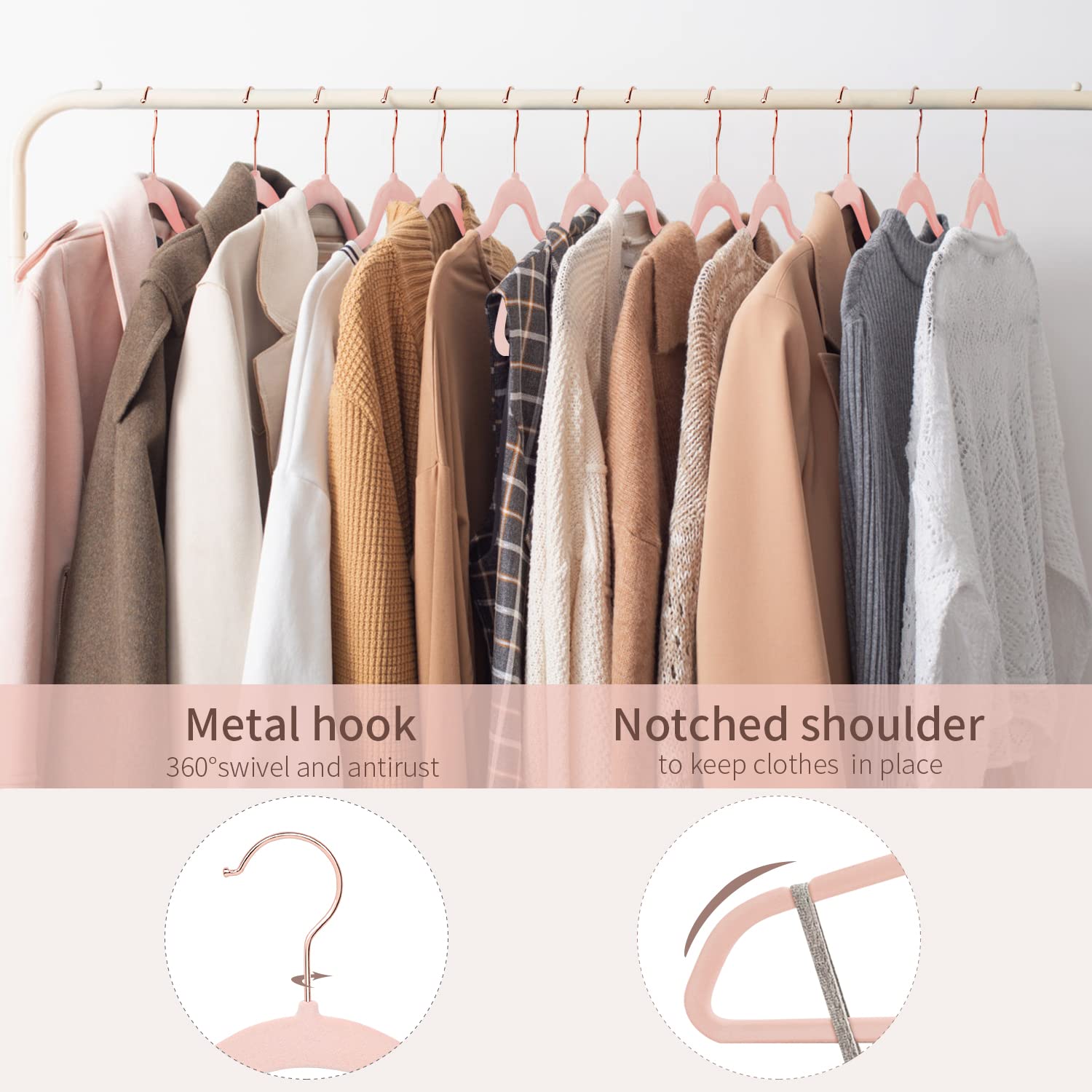ManGotree Ultra-Thin Velvet Hangers 36 Pack, Non-Slip Felt Hangers with 360 Swivel Rose Gold Hook, Sturdy & Durable Clothes Hangers for Coats, Sweaters, Suits, Jackets, Pants (Pink)