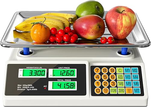 Price Computing Scale 88lb/40kg LCD Digital Commercial Price Scale with Stainless Steel Platform,Produce Scale & Food Scale for Farmers Market, Retail Outlets, Meat Shop Tray