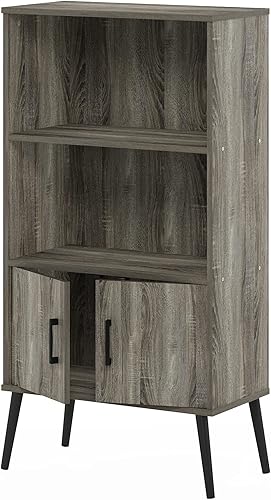 Miniatura 7 de Furinno Claude Mid Century Style Accent Wooden Leg Bookcase Cabinet with Storage Organizer Shelves, French Oak Grey gris roble francés,Espresso,Pino