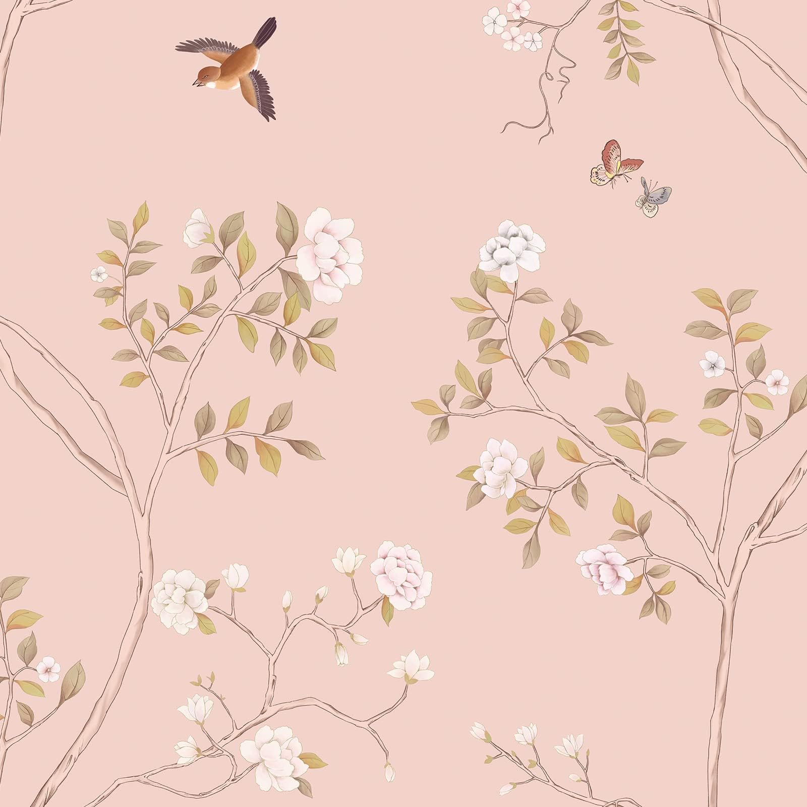 RollsRolla Chinoiserie Wallpaper with Pink Bird and Flowers, French