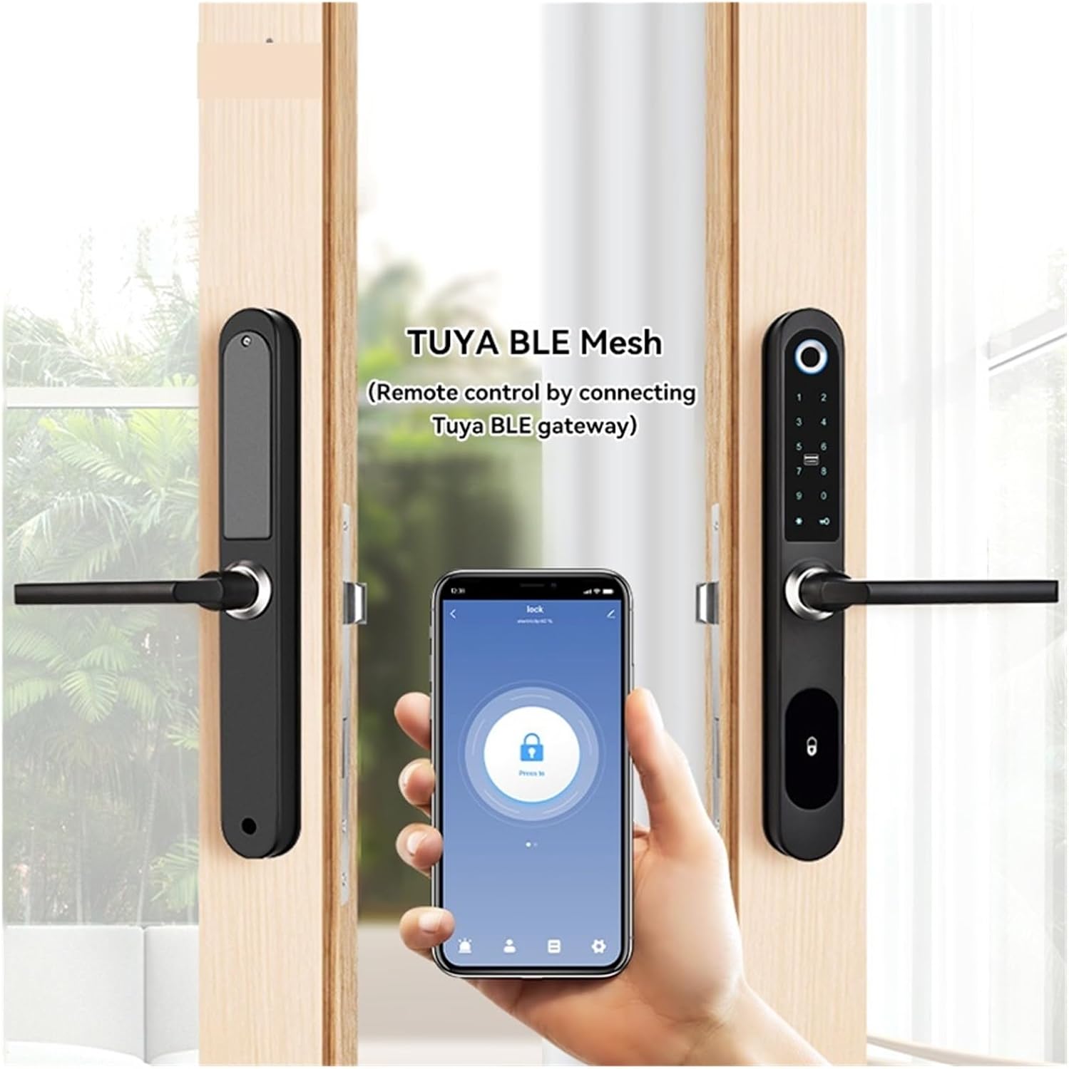 HAvern Smart Lock controlled via Tuya BLE Mesh app on a smartphone.
