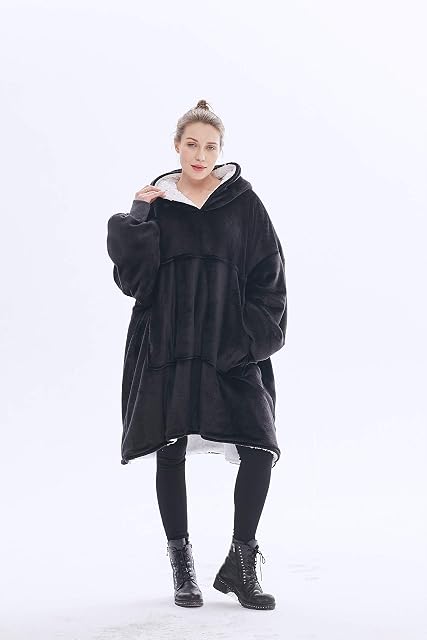 1ABOVE 96CM Oversized Sherpa Hoodie Blanket Ultra Soft Sherpa Hooded Super Soft Warm Comfortable Sweatshirt Fleece Warm Cosy Comfy Oversized Wearable Throw Blanket Hoodie (BLACK)
