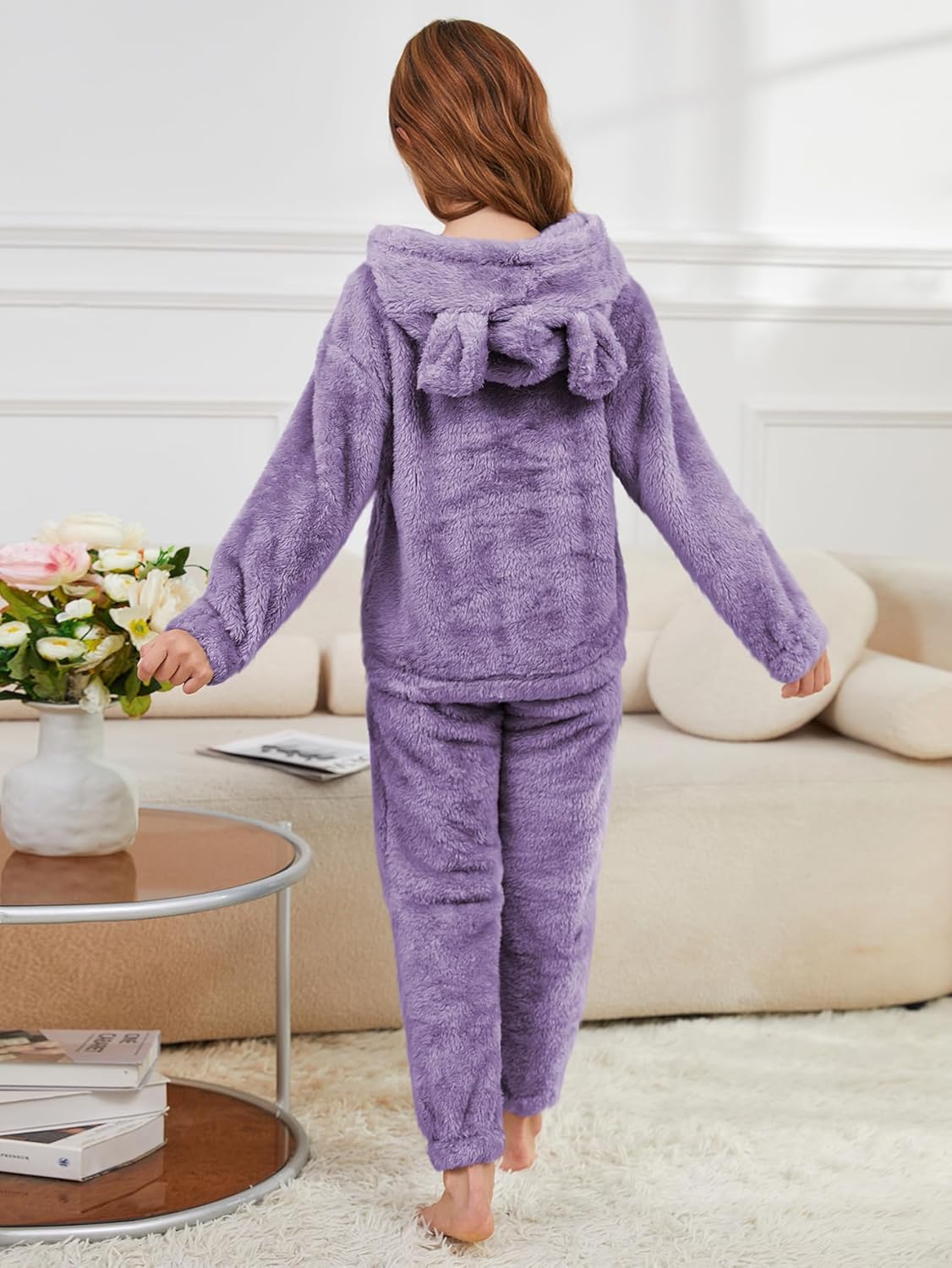 YKR Girls Fuzzy Pants Set Bear Ear Crop Hoodie Fleece Sweatsuit Two Piece Outfit Cute Fluffy Sweatshirt - Image 8