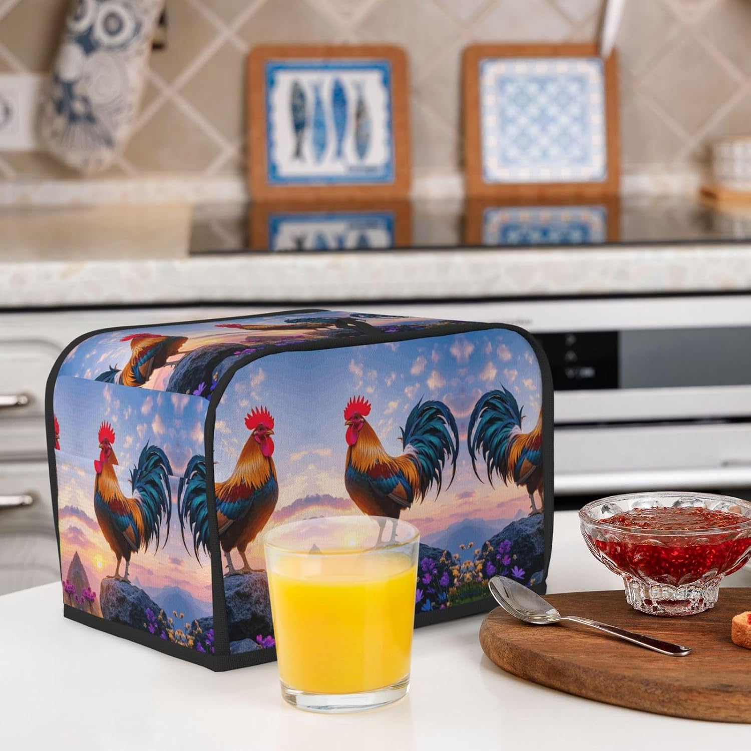 Cliff Rooster and Flower Sunrise Toaster Cover 2 Slice, Waterproof Bread Machine Covers with Pockets Universal Size Kitchen Small Appliance Cover with Handle, Dust and Fingerprint Protection