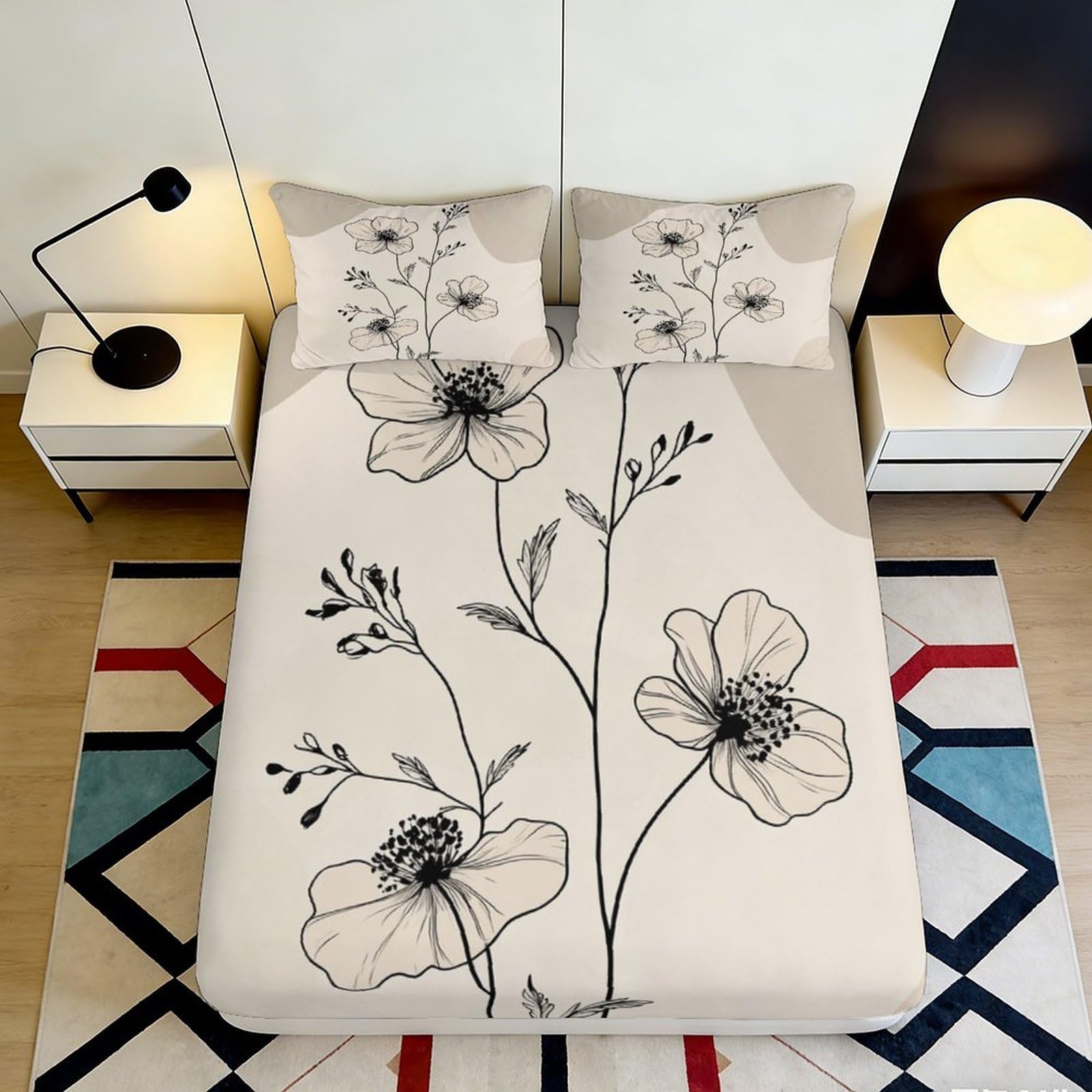 3D Printed Botanical Flower Fitted Sheet Microfiber Soft Breathable Monochrome Floral Mattress Cover for Bedroom Decor 90x200x25cm