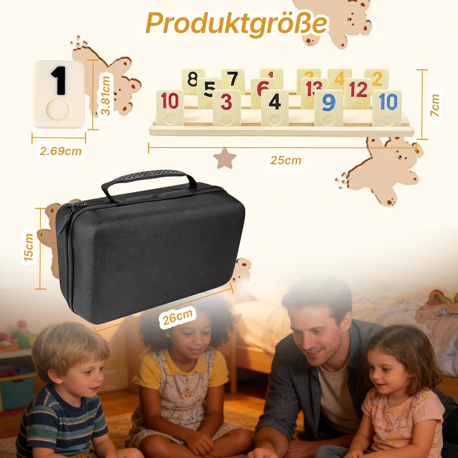 Rummy Spiel Set für 2–6 Spieler mit 160 Steinen, 6 Holzhalter, Würfel & Aufbewahrungsbox – Klassisches Brettspiel, Familienspiel & Reisespiel für Kinder und Erwachsene