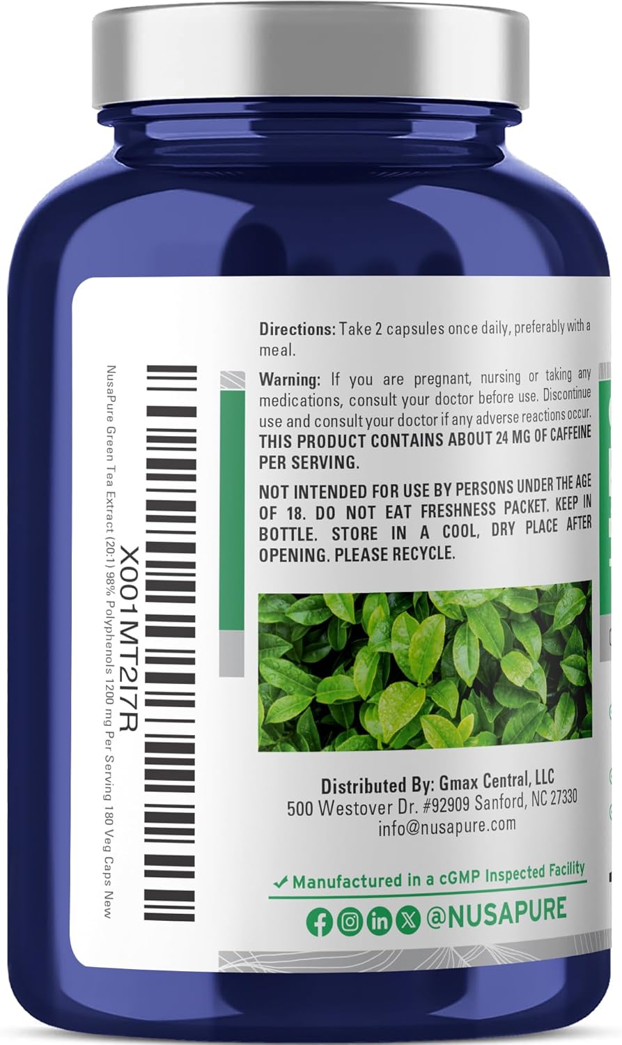 NusaPure Green Tea Capsules, 1200 mg, 180 Veggie Capsules (Non-GMO, Vegan)