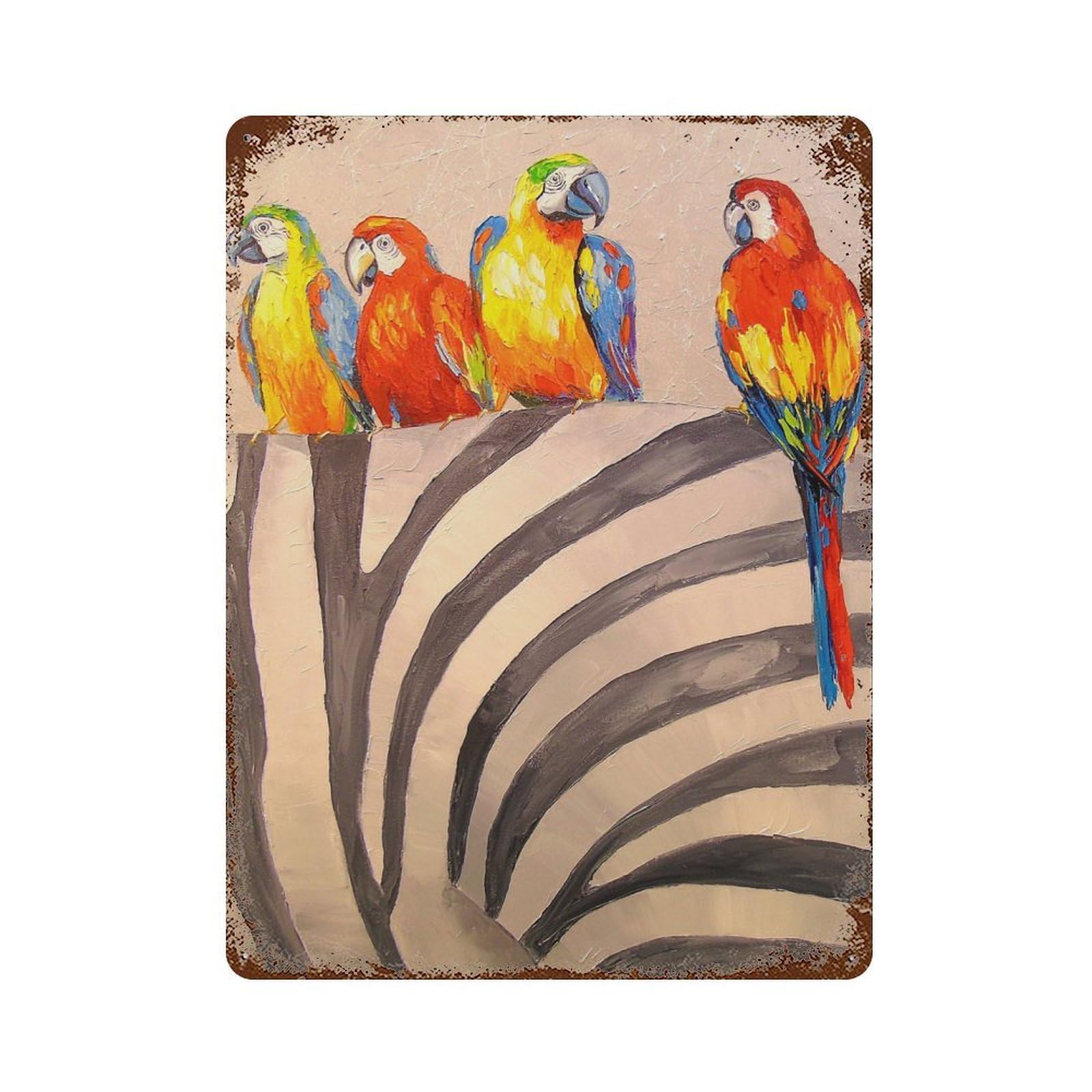 Parrots on Zebra Rust Effect Tin Sign 15.7"x11.8", Old School Wall Decor for Farmhouse, Kitchen And Entryway Decor
