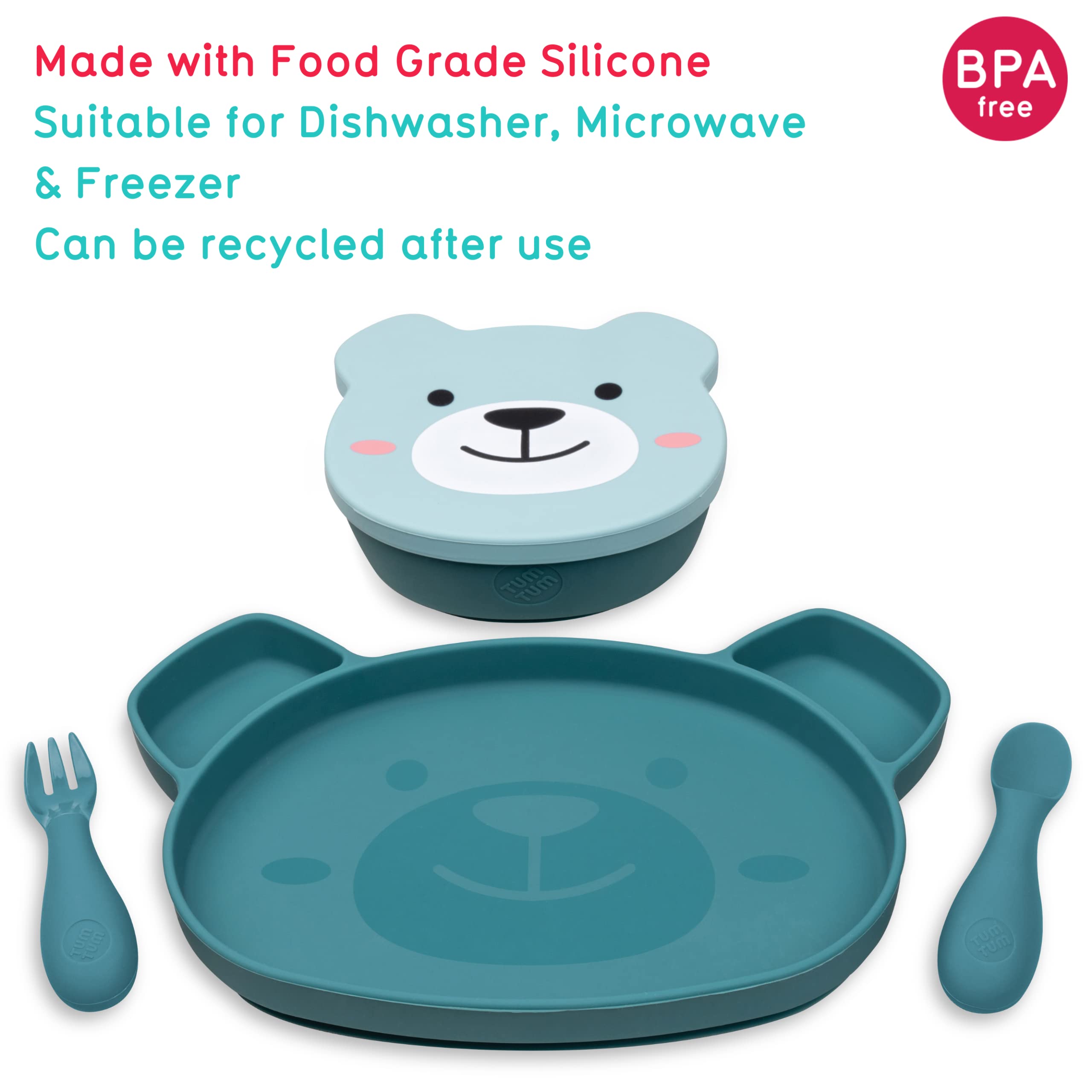TUM TUM Set Plato de Bebé con Ventosa, Cuenco de Bebé y Cubiertos de Bebé - 6m+, El Oso Boris, Azul