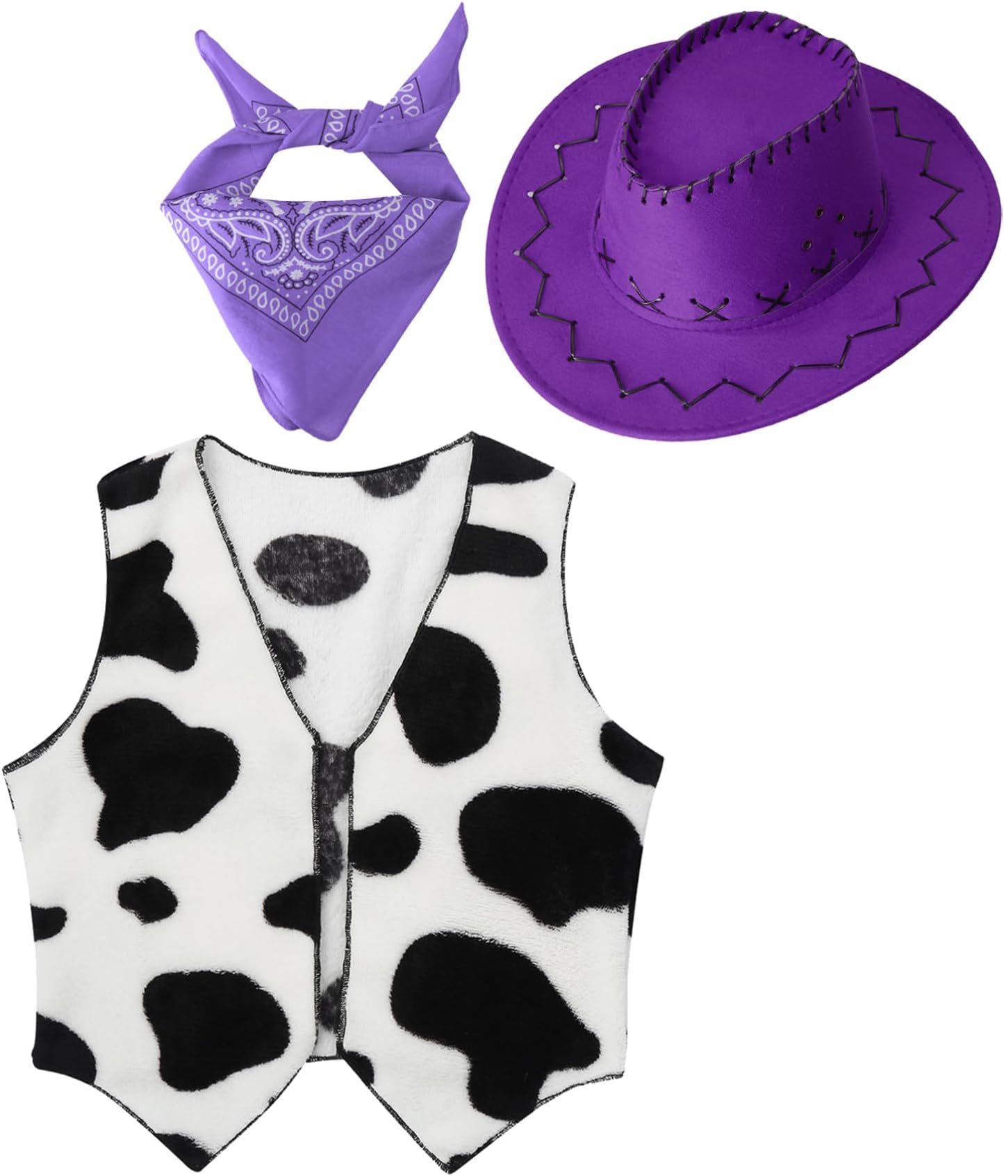 inhzoy Kids Cowboy Outfit for Girls Cow Print Vest with Hat and Bandana Cowgirl Costume Set Halloween Cosplay Dress Up