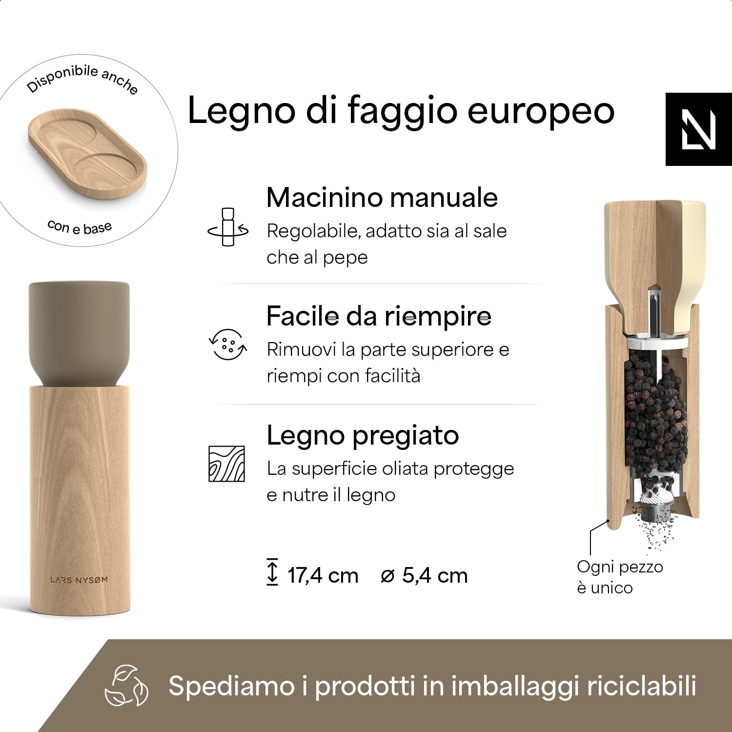 LARS NYSØM Set Macina Sale e Pepe in Legno Manuale - Macina Spezie con Macina in Ceramica Regolabile - Eleganti Macina Pepe e Sale in Legno di Faggio per Cucina o Tavola (Brown/Beige)