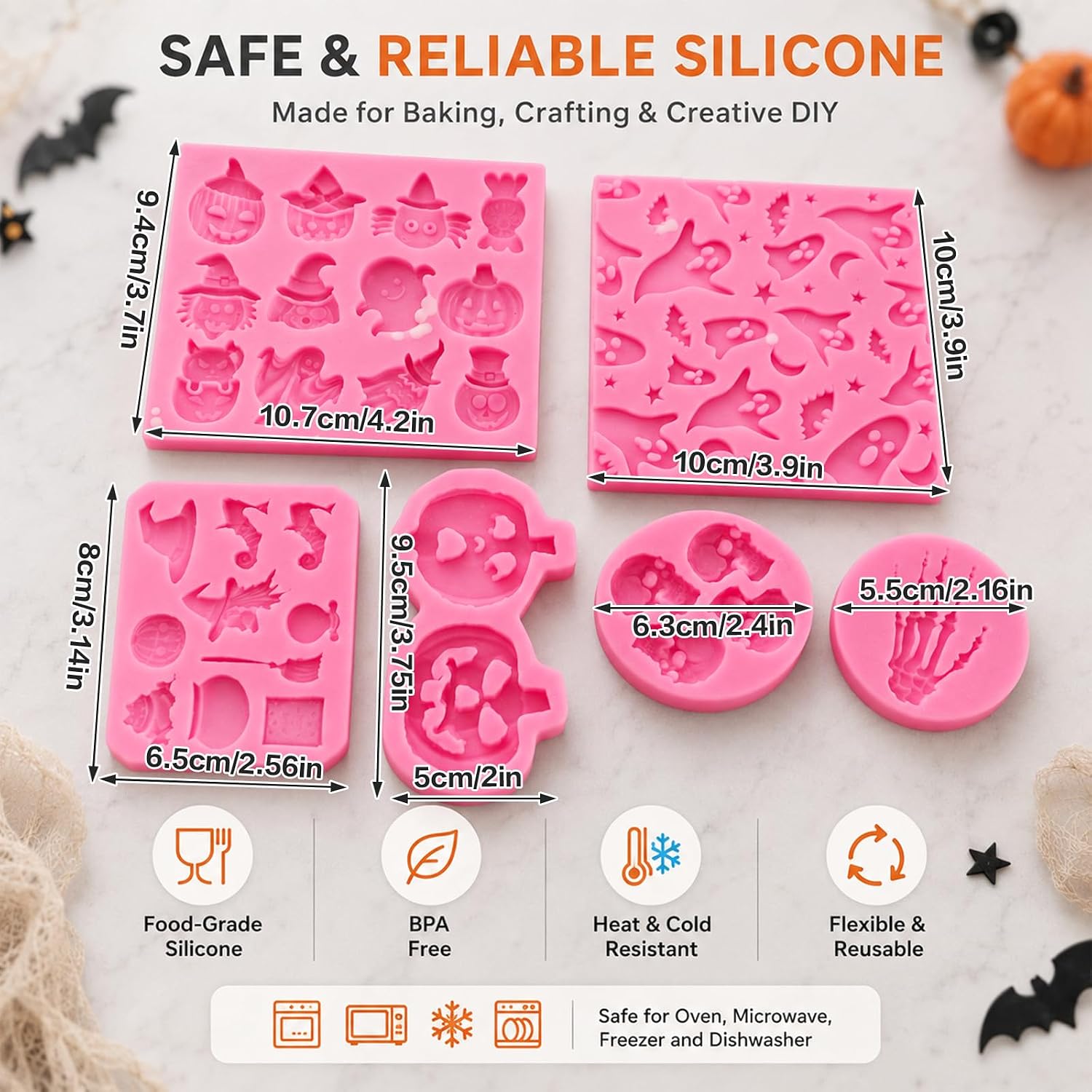 6Pcs Halloween Fondant Molds Halloween Silicone Molds Pumpkin Ghost Skull Hand Fondant Chocolate Molds Halloween Theme Food Grade Silicone Baking Molds for Cake Decoration Baking Resin Clay DIY Crafts