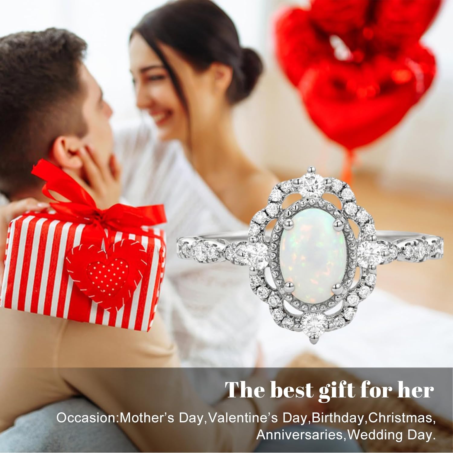 925 Sterling Silver Genuine Opal Engagement Rings Center 1.5 Carat Oval Shaped Vintage Opal Birthstone Rings with Moissanite for Wedding Anniversary - Size 7 - Image 4