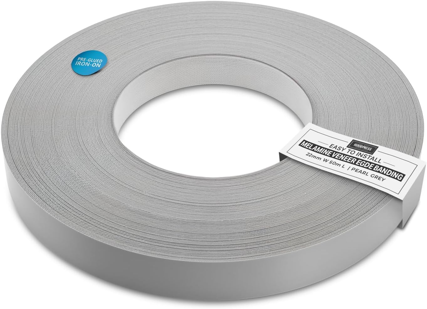 22mm Pearlised Grey Melamine Pre-Glued Veneer Edging Tape – 50m Trade Roll – Iron-On Wood Application