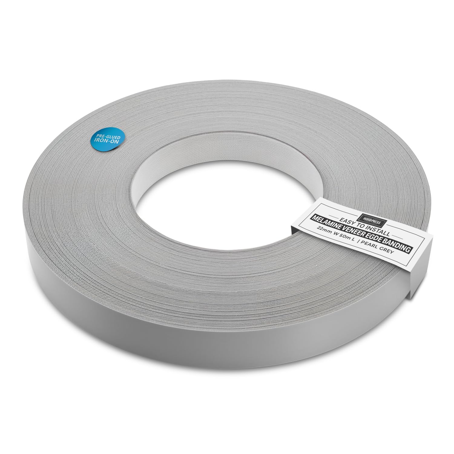 22mm Pearlised Grey Melamine Pre-Glued Veneer Edging Tape – 50m Trade Roll – Iron-On Wood Application